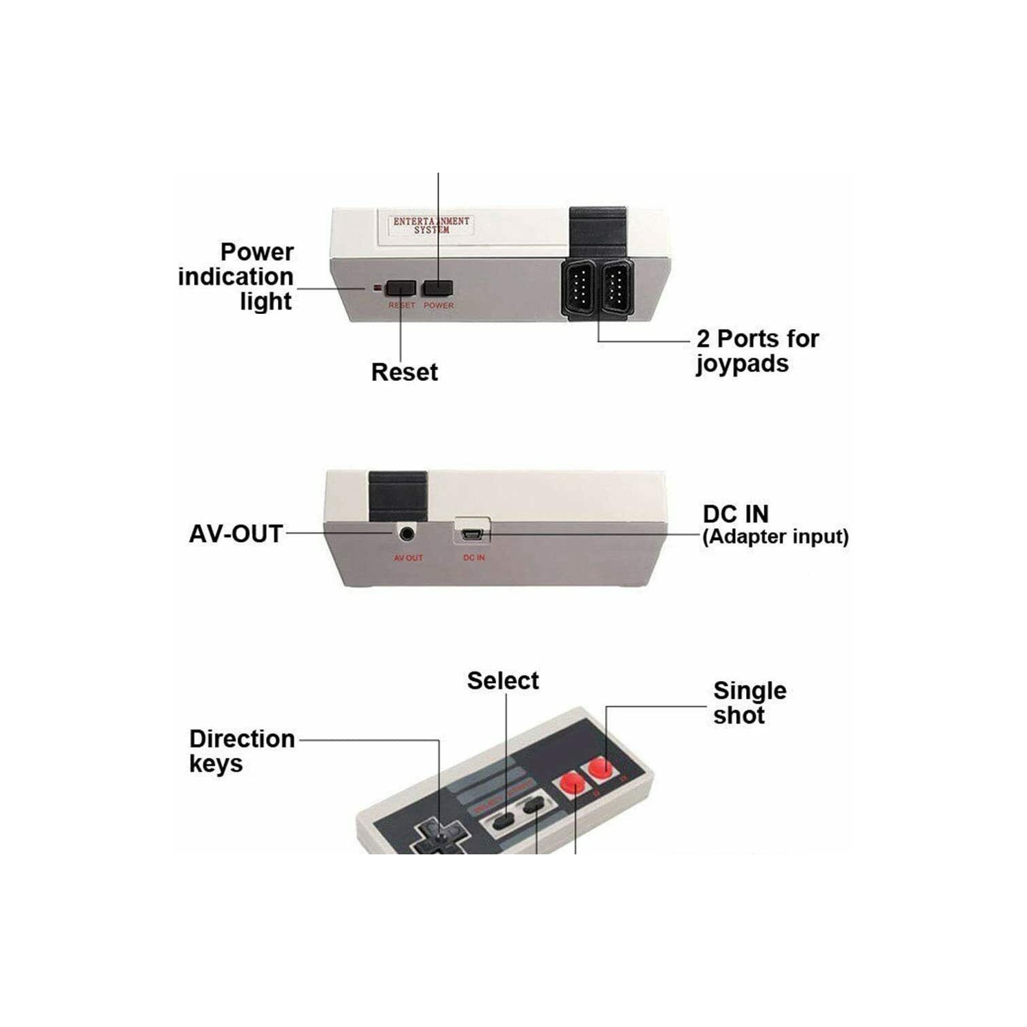 Console de jeu rétro classique 620-en-1 avec deux manettes, sortie AV - prête à l'emploi, connexion au téléviseur - Jeu à deux joueurs pour la