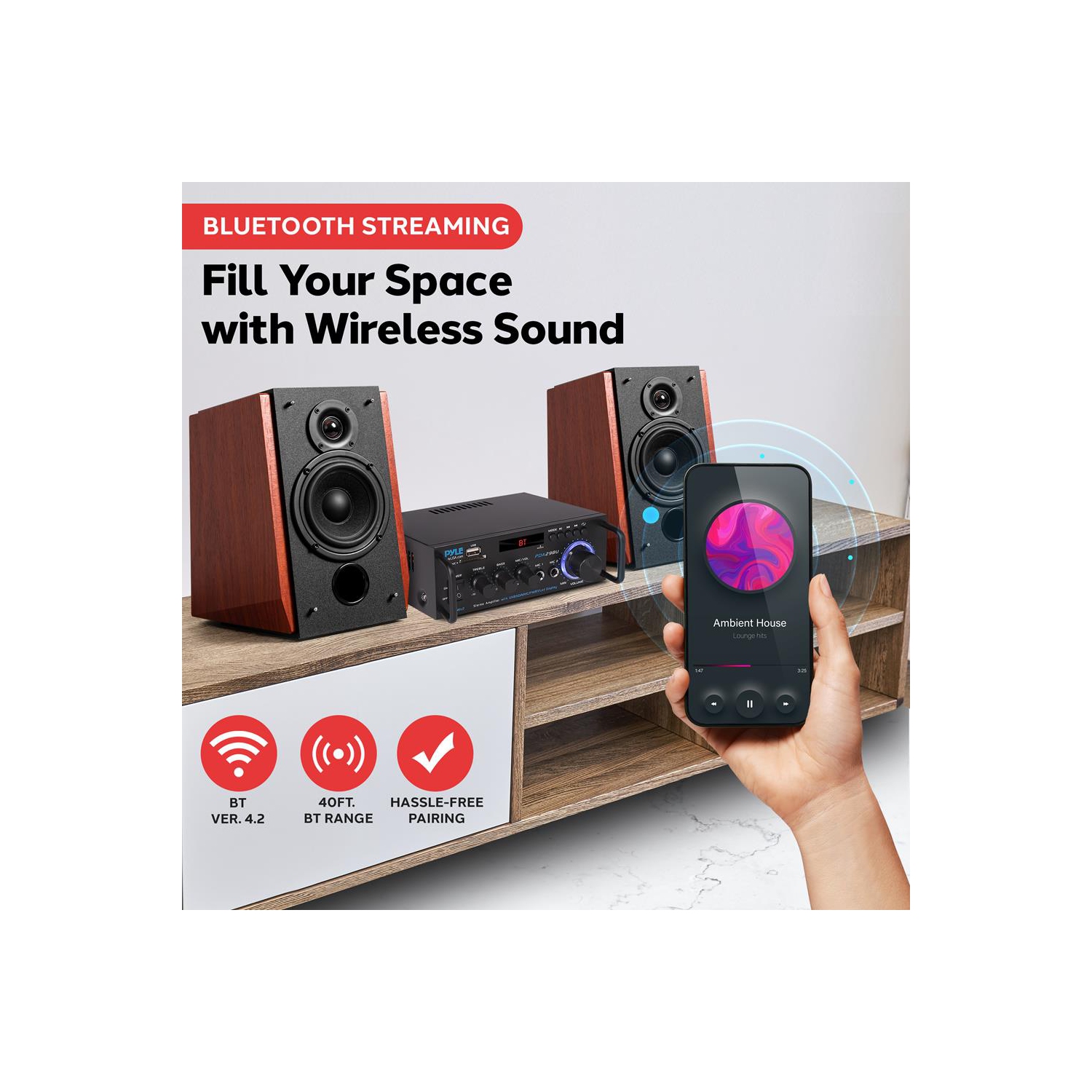 Amplificateur de puissance stéréo sans fil BT - Amplificateur compact série Blue pour diffusion audio avec RCA et bornes de haut-parleur