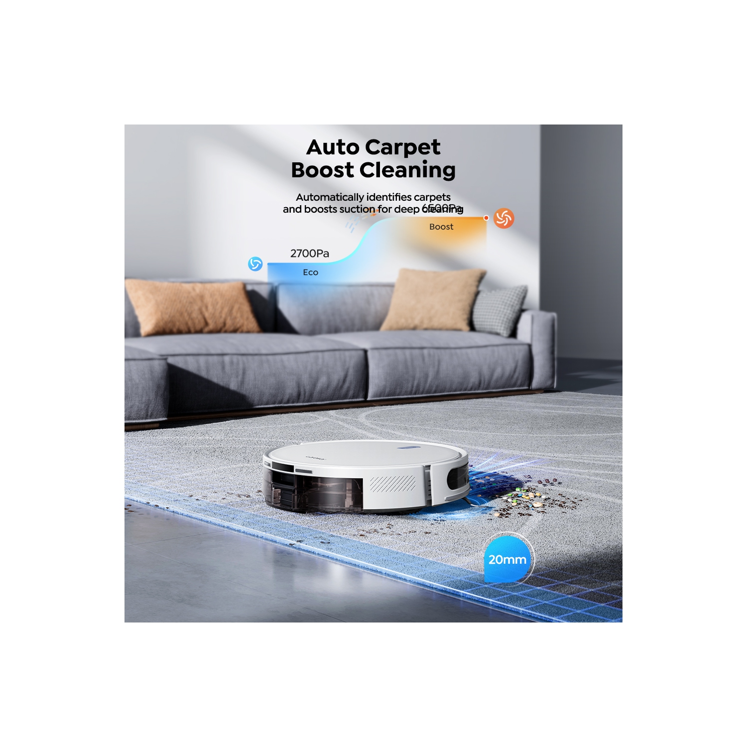 Aspirateur robot avec puissance d'aspiration de 6500 Pa, autonomie de la batterie 150&nbsp;min, navigation précise, contrôle de l'application, sans