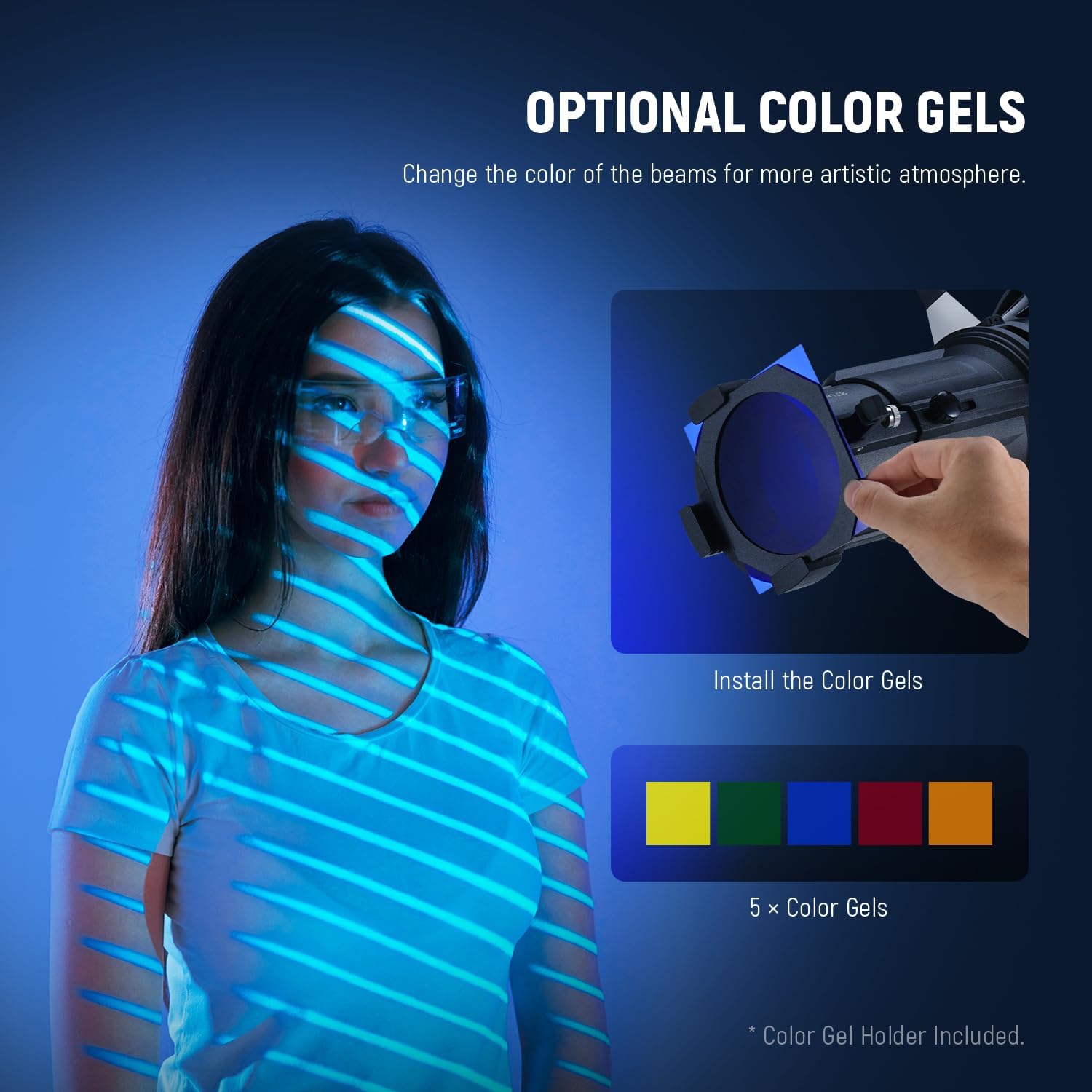 Remis à neuf - NEEWER Spotlight Snoot avec objectif de projection à 20°, mise au point réglable, 16 gels en métal GOBOS 5 couleur, sac, Snoot conique