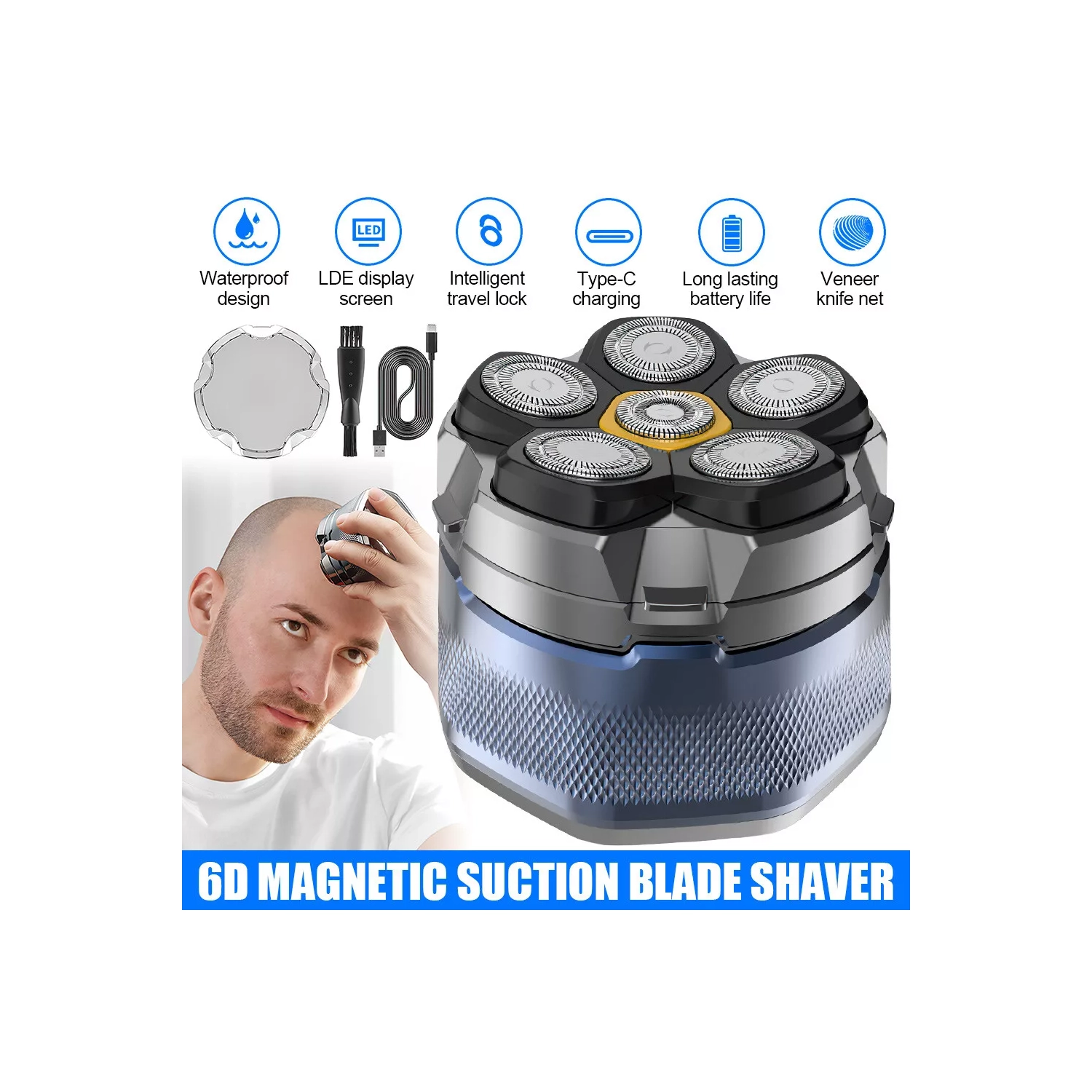 Men Electric Shaver 6D Magnetic Head Shaver for Bald Men Shaving Rotary Shaver Grooming Waterproof Wet and Dry