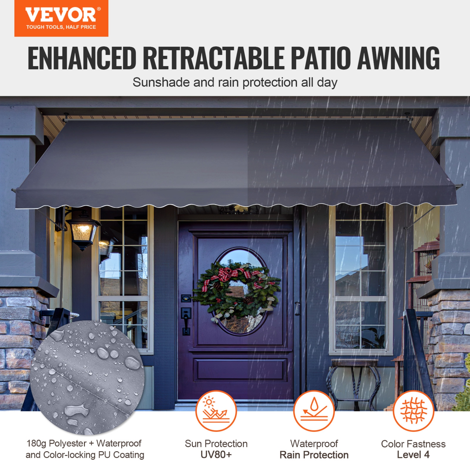 Auvent de terrasse rétractable 178 x 47&nbsp;po VEVOR, auvent avec poignée à manivelle manuelle, terrasse pour auvent, hauteur réglable 86