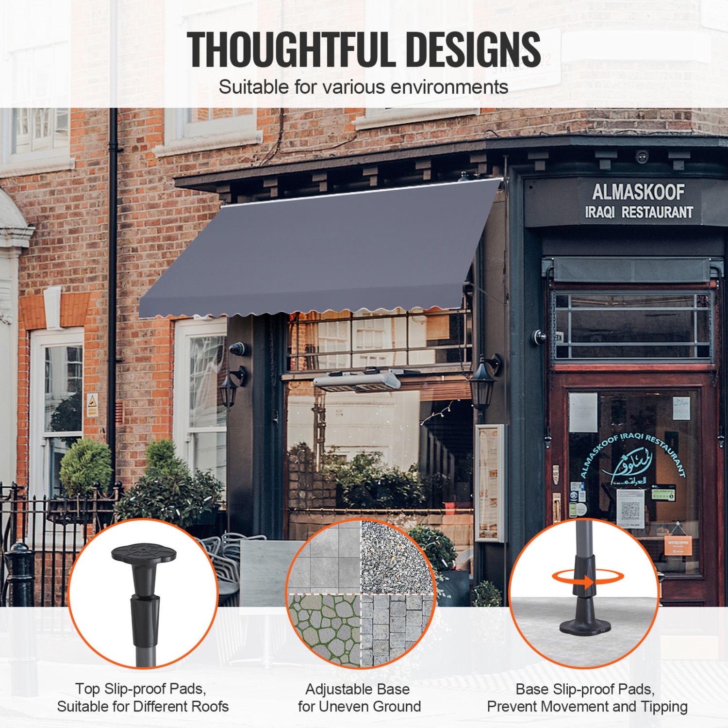 Auvent de terrasse rétractable 178 x 47&nbsp;po VEVOR, auvent avec poignée à manivelle manuelle, terrasse pour auvent, hauteur réglable 86