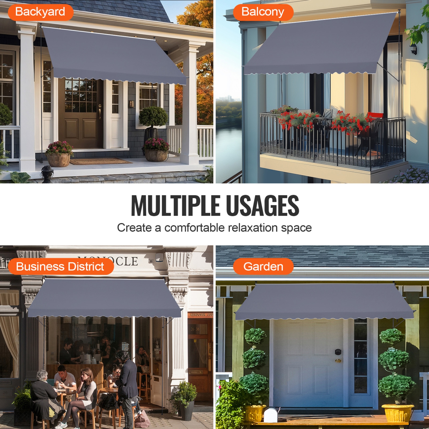 Auvent de terrasse rétractable 178 x 47&nbsp;po VEVOR, auvent avec poignée à manivelle manuelle, terrasse pour auvent, hauteur réglable 86