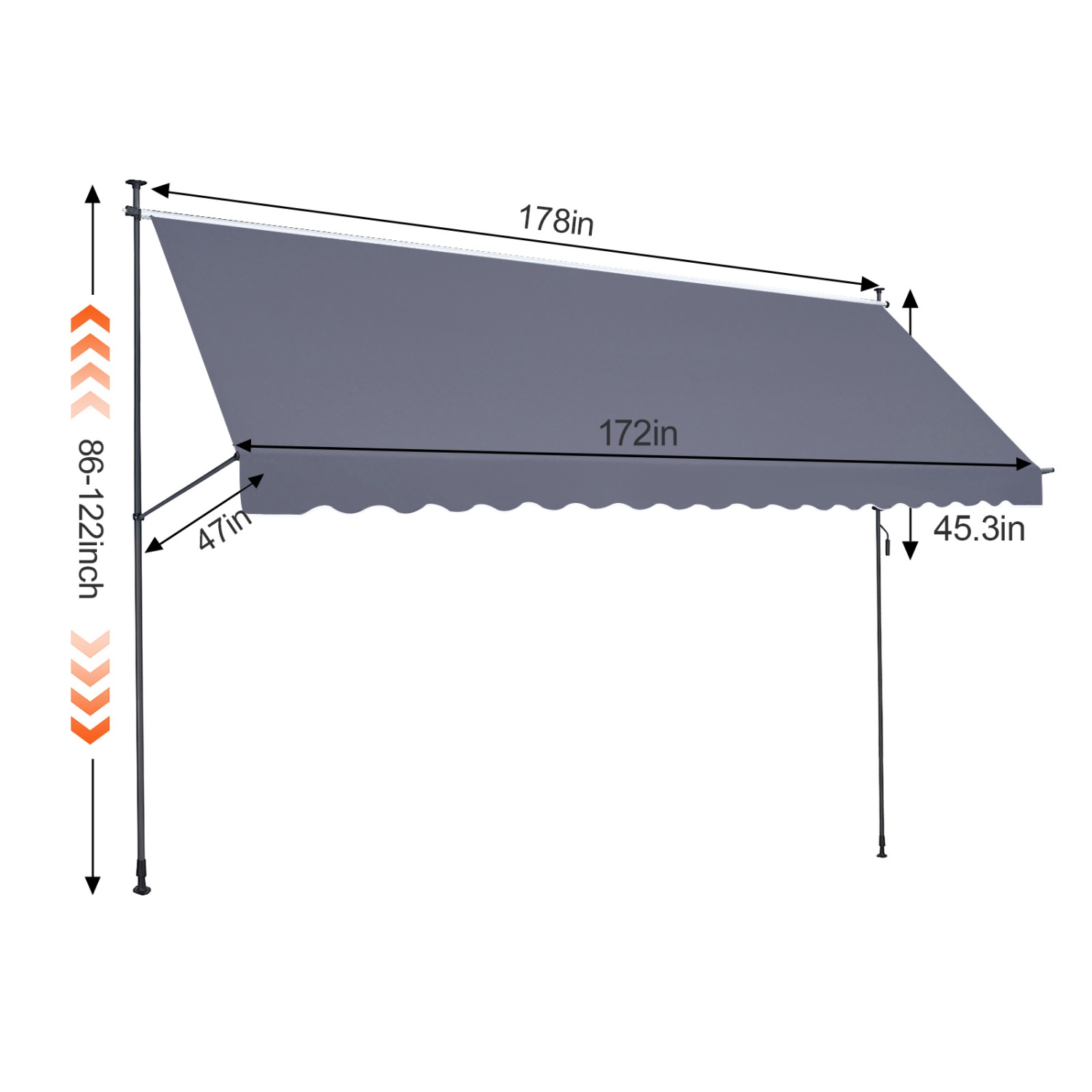 Auvent de terrasse rétractable 178 x 47&nbsp;po VEVOR, auvent avec poignée à manivelle manuelle, terrasse pour auvent, hauteur réglable 86
