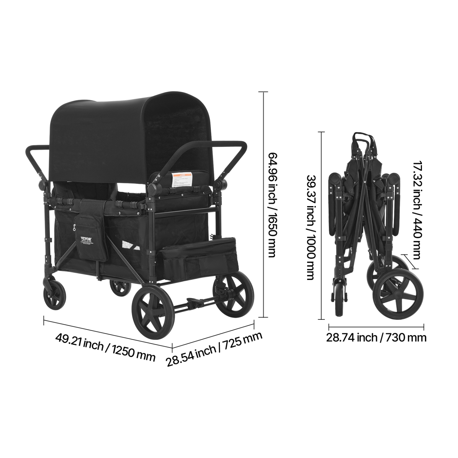 VEVOR 4 Kids Wagon Stroller, Push Pull Quad Collapsible Stroller with Adjustable Handle, 5-Point Safety Harness & Removable Canopy, 4-Seater for