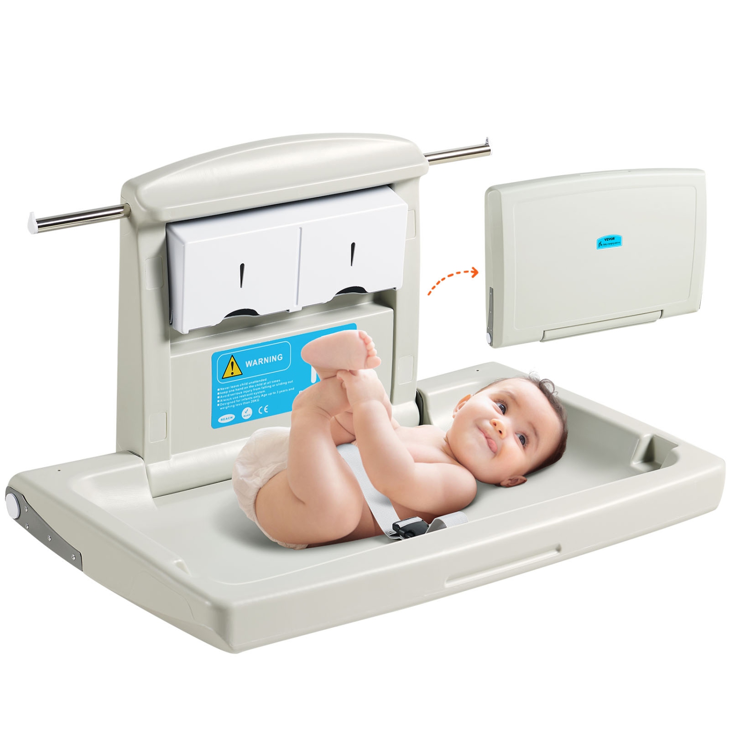 VEVOR Wall-Mounted Baby Changing Station, Horizontal Diaper Change Table with Safety Straps and Hanging Rods, Use in Commercial Bathrooms, Daycare
