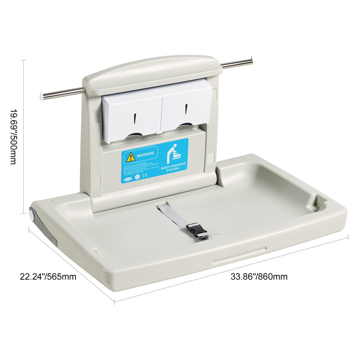 VEVOR Wall-Mounted Baby Changing Station, Horizontal Diaper Change Table with Safety Straps and Hanging Rods, Use in Commercial Bathrooms, Daycare