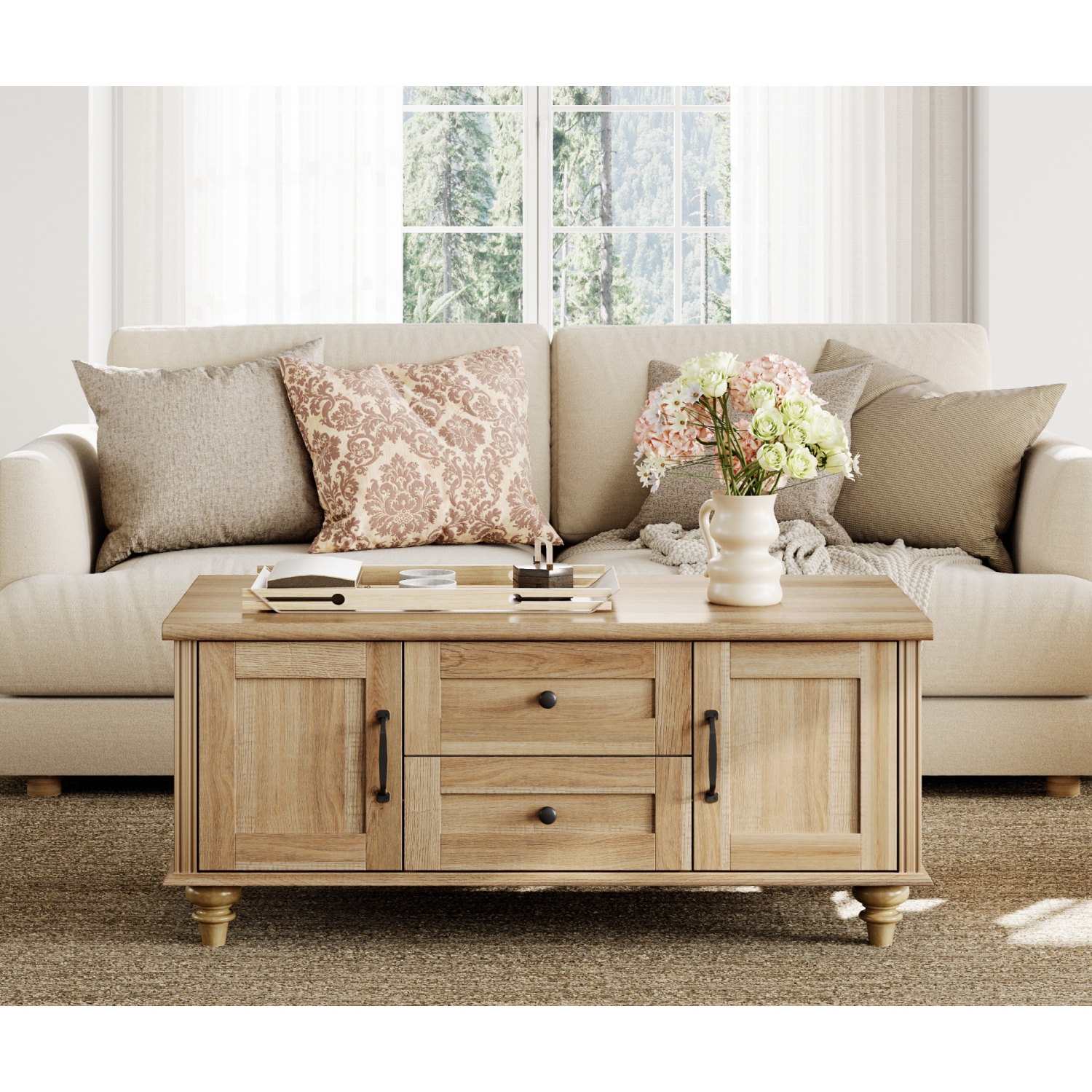 Table basse WAMPAT Farmhouse avec armoire de rangement, tables basses en bois pour le salon, table de thé rectangulaire centrale avec tiroirs pour la