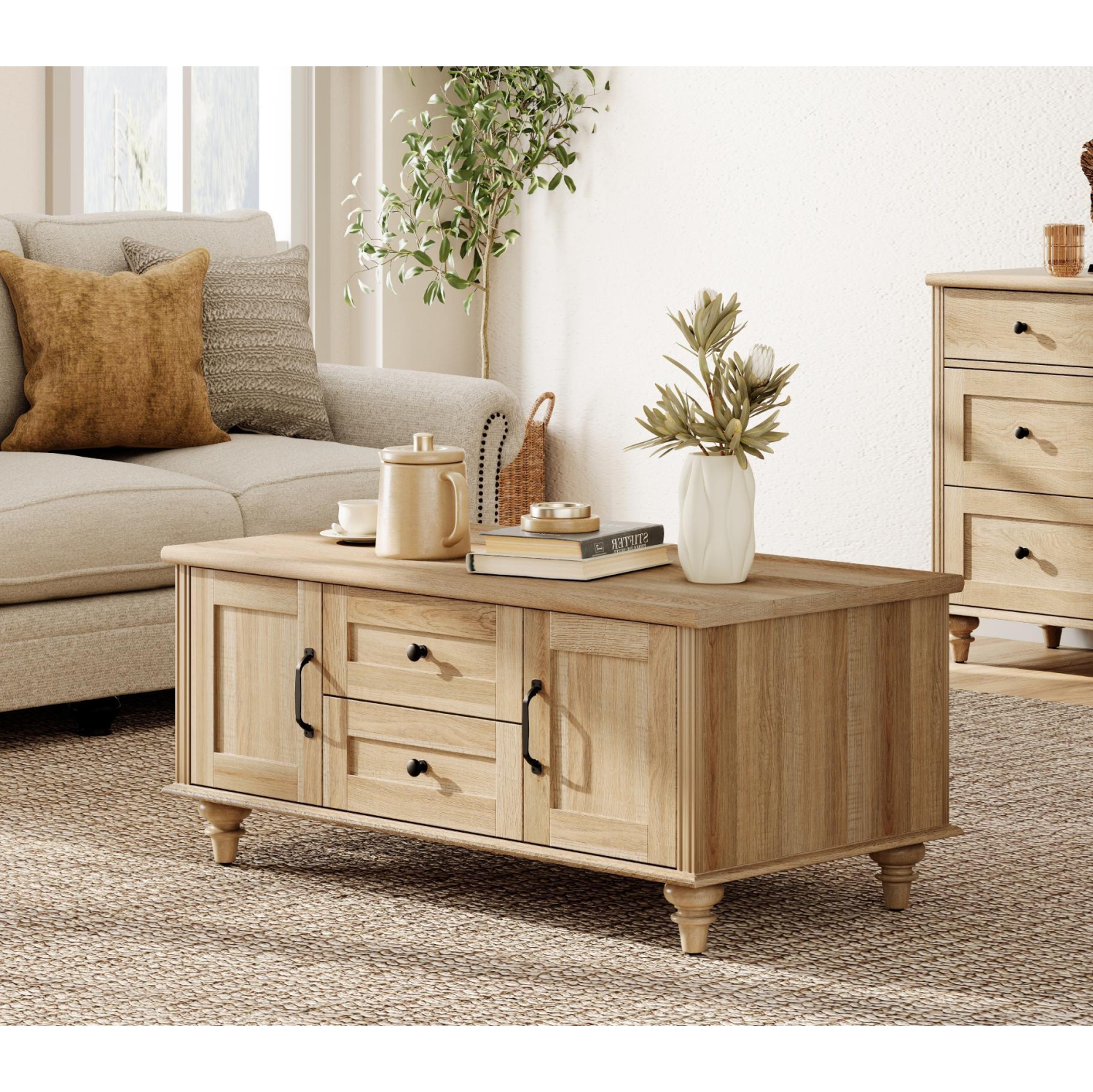 Table basse WAMPAT Farmhouse avec armoire de rangement, tables basses en bois pour le salon, table de thé rectangulaire centrale avec tiroirs pour la