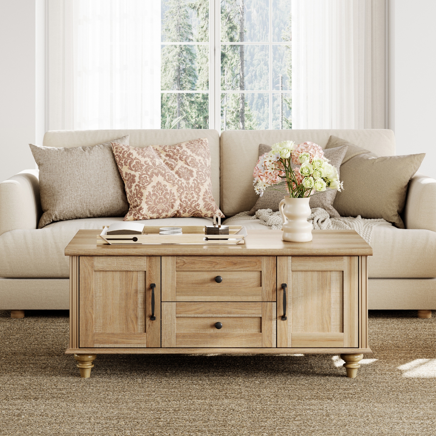 Table basse WAMPAT Farmhouse avec armoire de rangement, tables basses en bois pour le salon, table de thé rectangulaire centrale avec tiroirs pour la