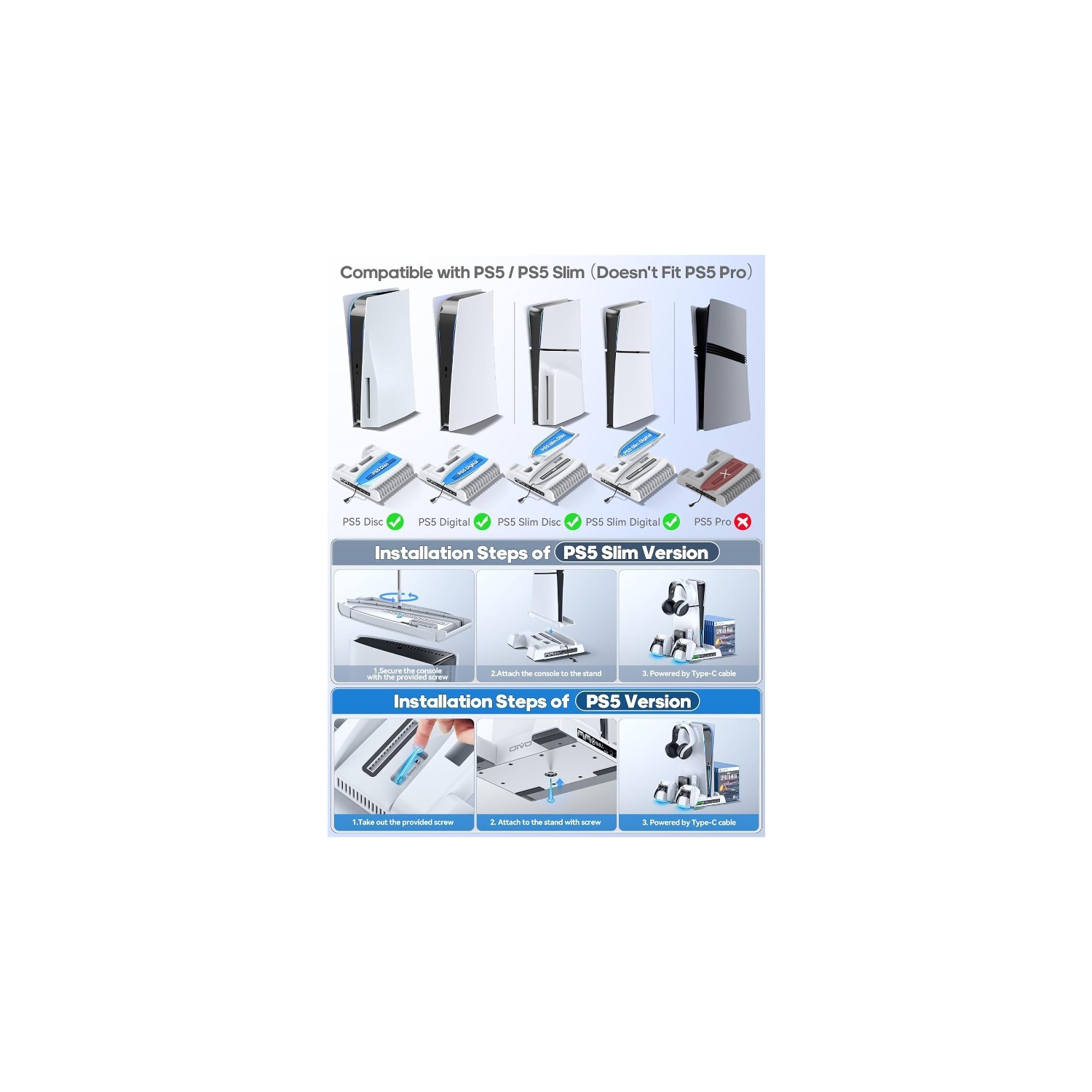 PS5 Ultra-Thin Cooling Dock PS5 PROTAL Handheld Game Controller Charging Stand Stand Accessory PS5 Charging Dock Controller, PS5 Stand and Cooling