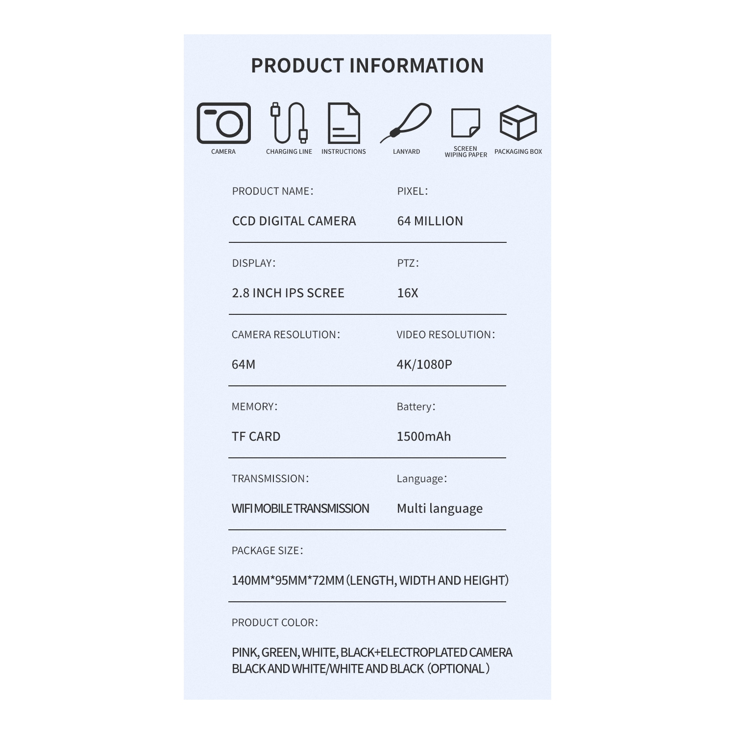 Digital camera 64 million pixels high-definition photo and video campus CCD camera macro screen 2.8 inches, - white + 32g card + Type-C cable + wifi