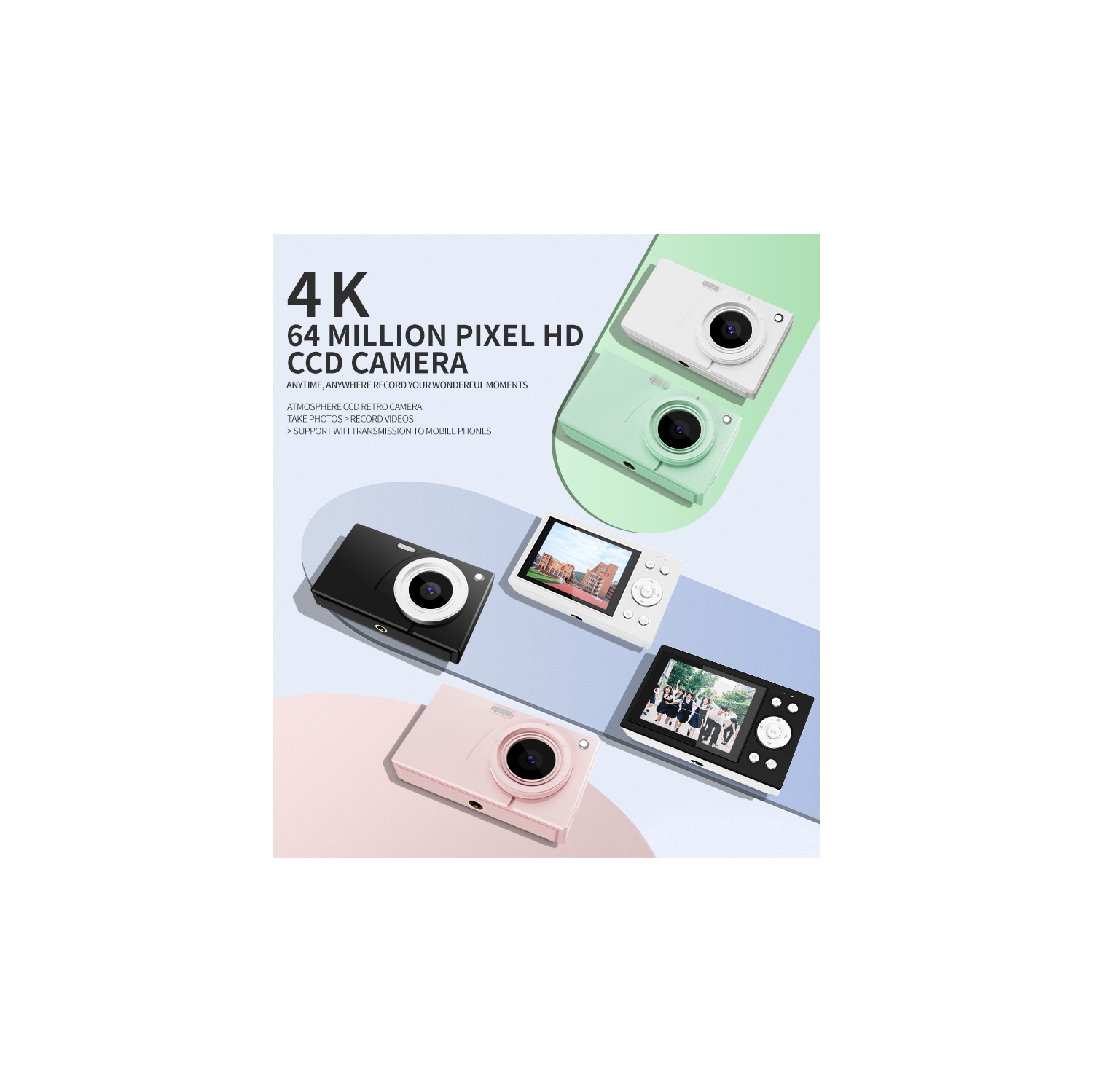 Digital camera 64 million pixel high-definition photo and video campus CCD camera macro screen 2.8 inches pink + 64G card + Type-C line + wifi