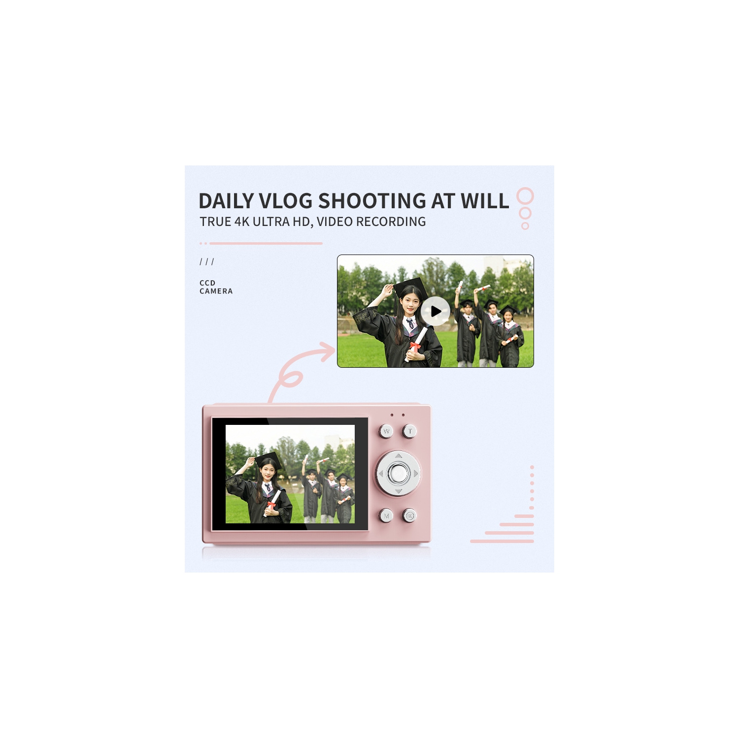 Digital camera 64 million pixels high-definition photo and video campus CCD camera macro screen 2.8 inches, - pink + 32g card + Type-C cable + wifi