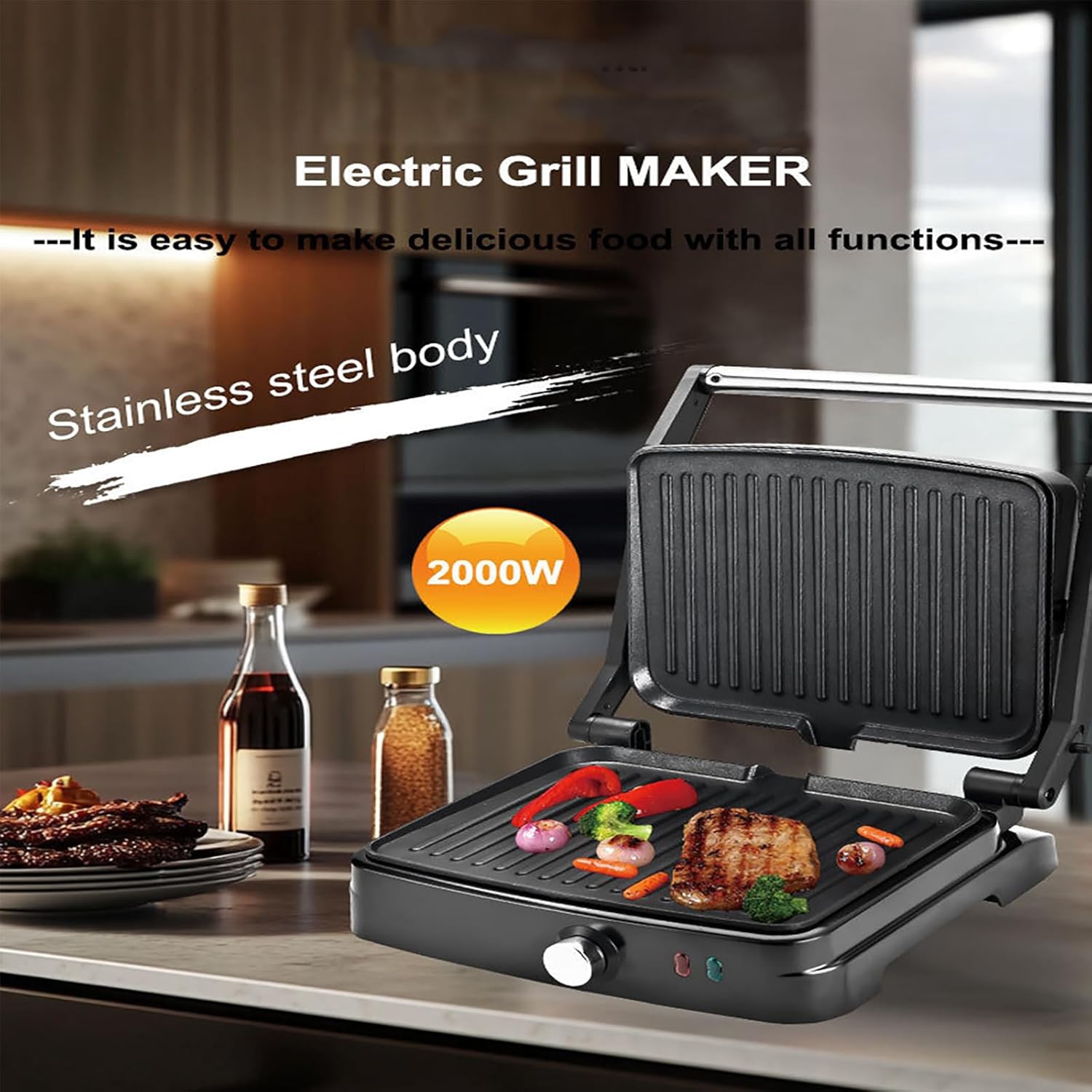 Panini Press Grill Sandwich Maker,Electric Panini Grill with Adjustable Temperature,180° Open Sandwich Maker with Non-Stick Pan,Indoor Grill for