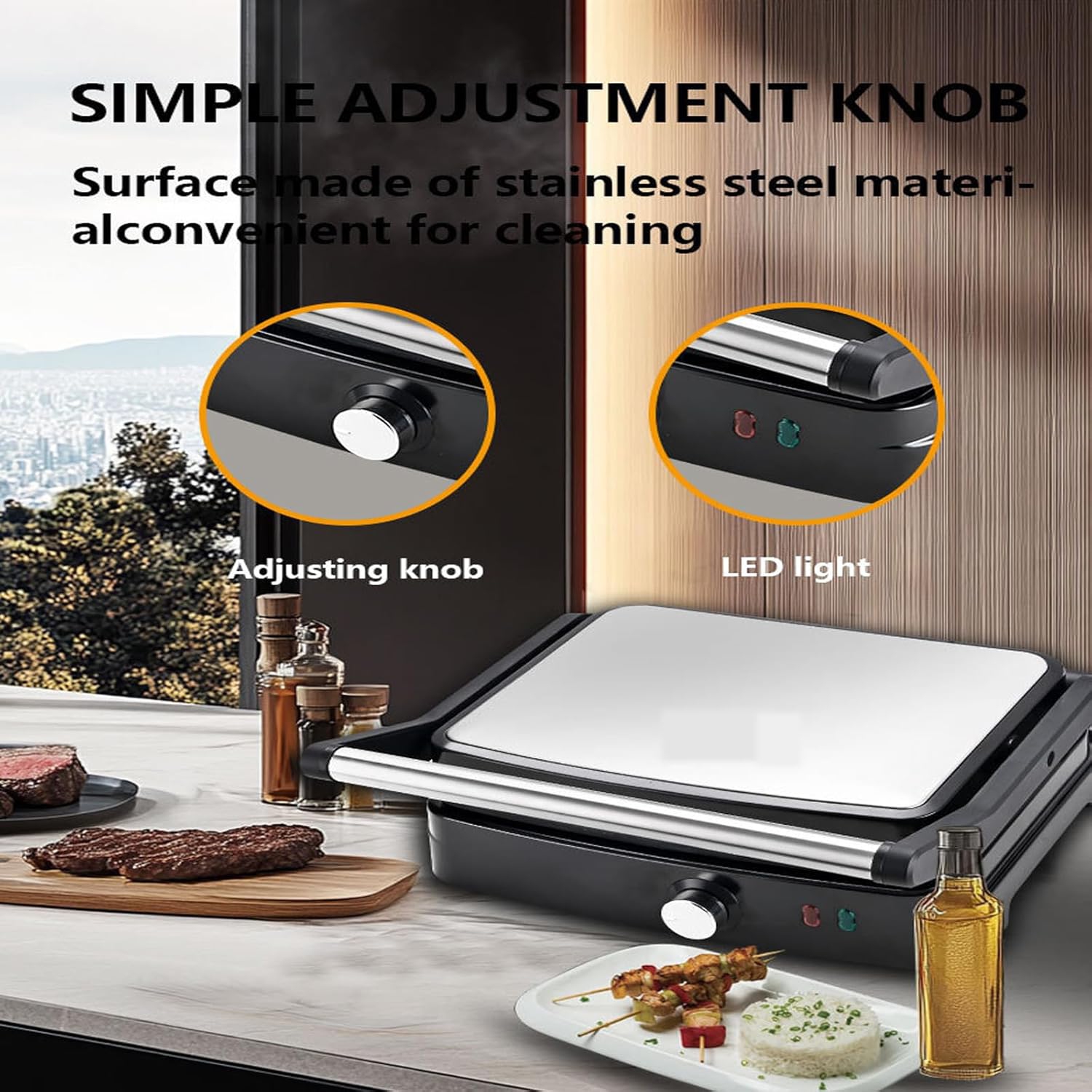 Panini Press Grill Sandwich Maker,Electric Panini Grill with Adjustable Temperature,180° Open Sandwich Maker with Non-Stick Pan,Indoor Grill for