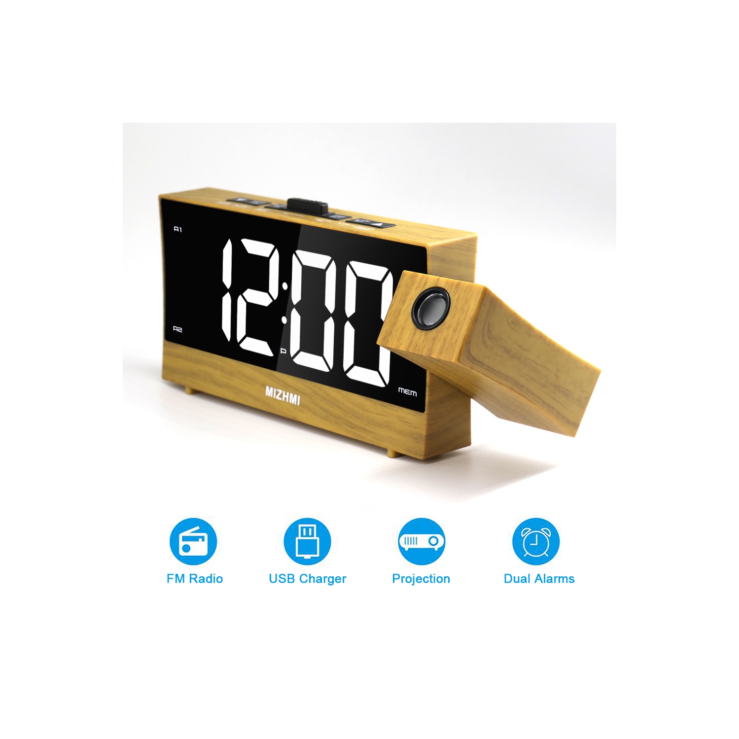 1.8-inch multi-function USB charging radio creative LED electronic alarm clock projection clock, snooze function - black