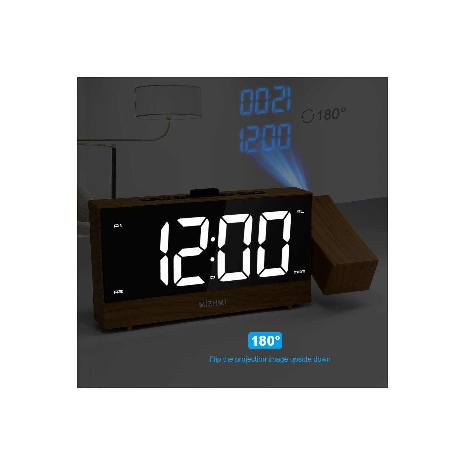 1.8-inch multi-function USB charging radio creative LED electronic alarm clock projection clock, snooze function - black