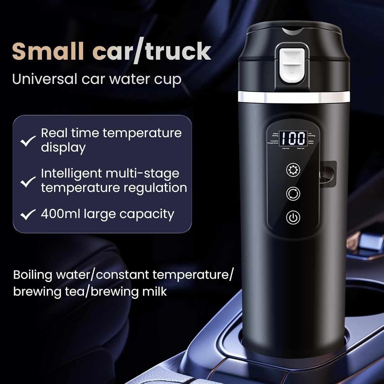 Car Travel Electric Kettle,12V/24V Kettle Portable Water Boiler,Large Display Multi-Temp Adjustment Car Water Bottle,Stainless Steel Truck Heating