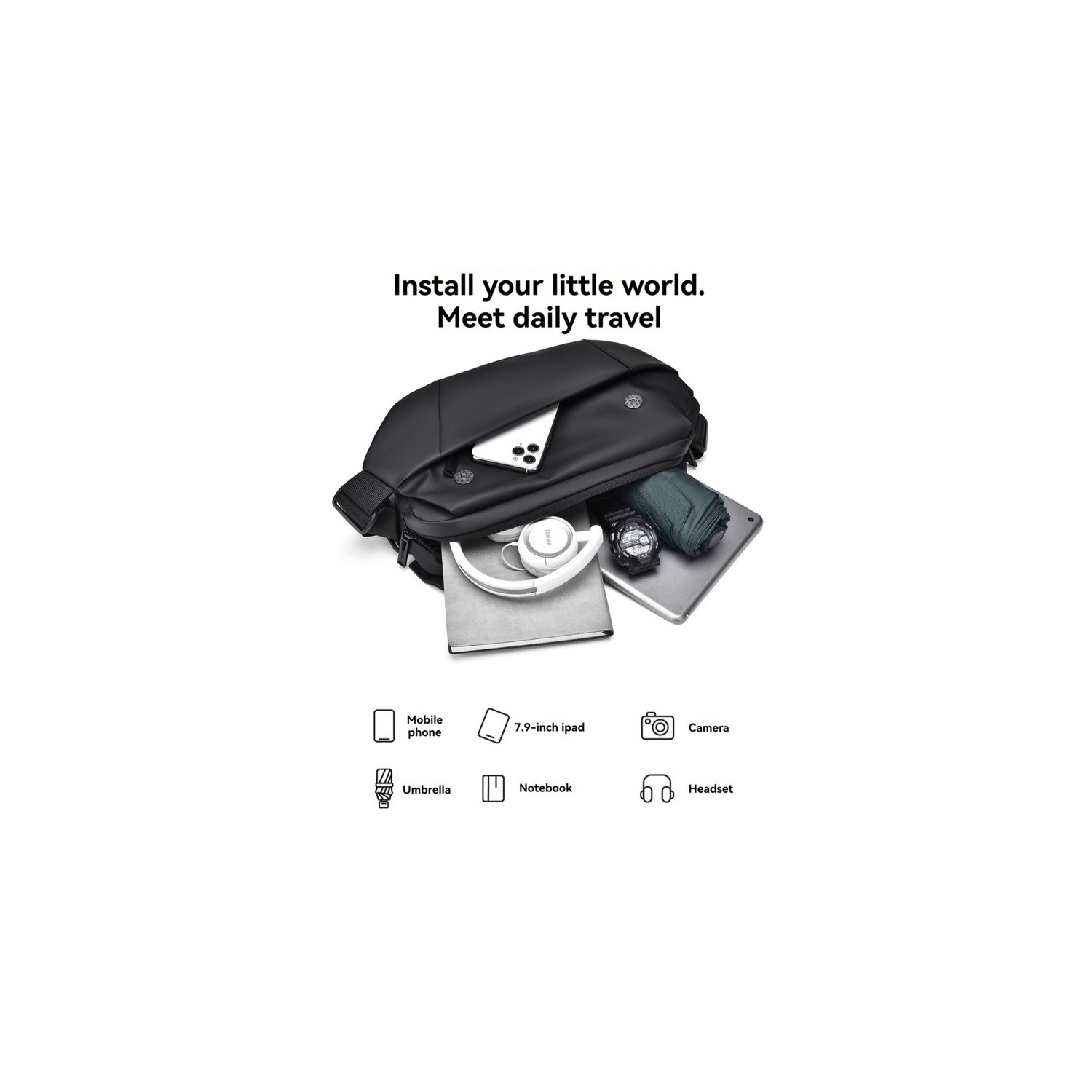 Sac de poitrine décontracté Sac à bandoulière pour hommes et femmes, sac à bandoulière, sac à bandoulière, sac de sport d'extérieur – noir