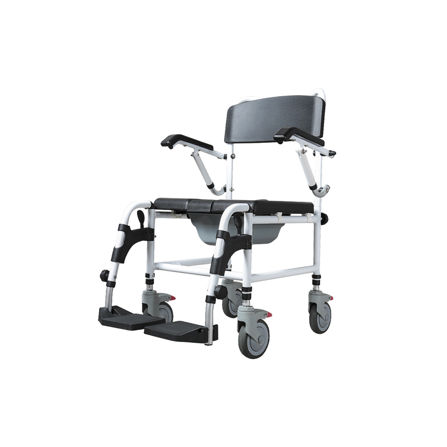 Commode Shower Wheelchair 3-Level Adjustable Height & Flip-up Footrest, Padded Seat, Backrest, Lift Arms, Mobile Toilet Chair, 4 Lockable Mute Wheels