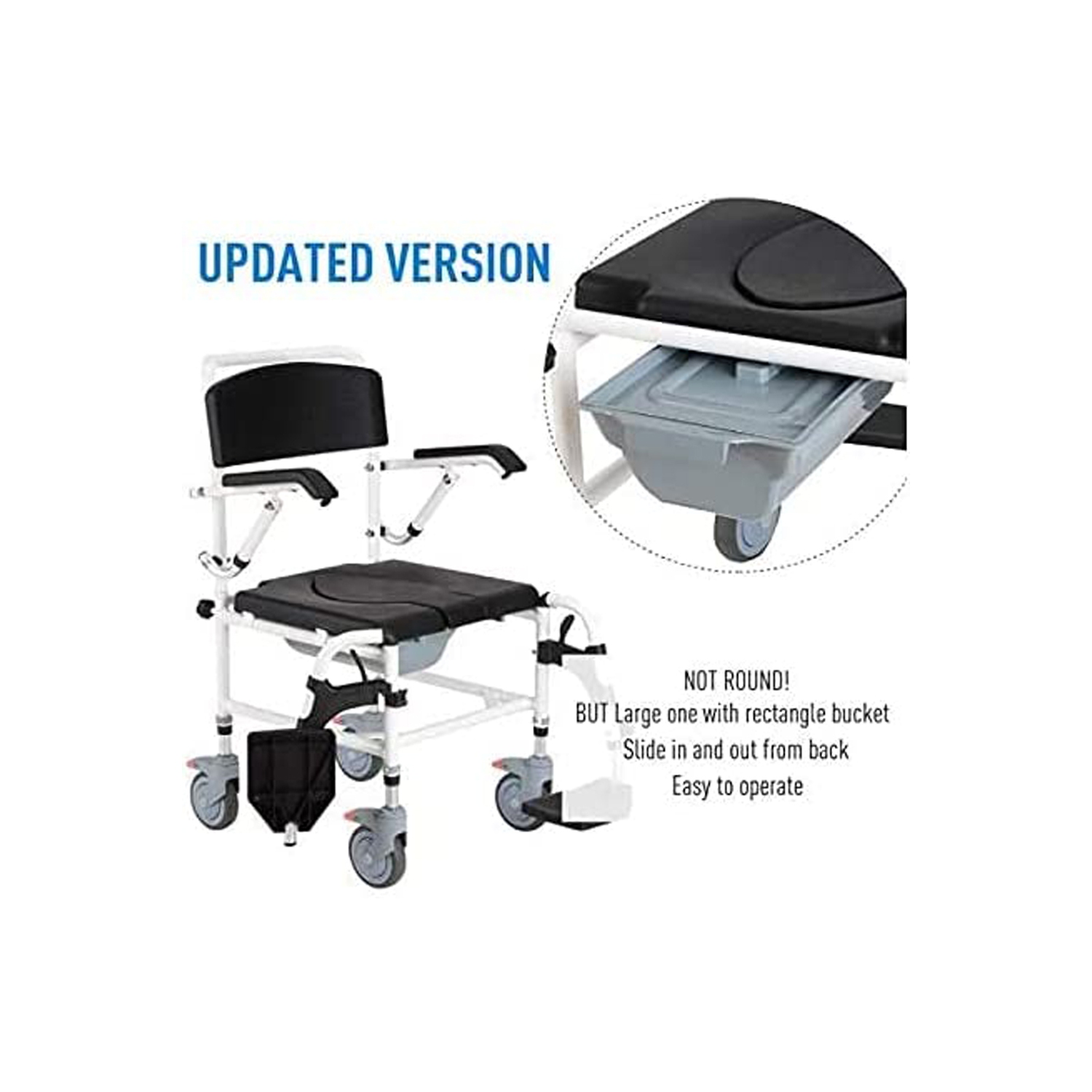 Commode Shower Wheelchair 3-Level Adjustable Height & Flip-up Footrest, Padded Seat, Backrest, Lift Arms, Mobile Toilet Chair, 4 Lockable Mute Wheels