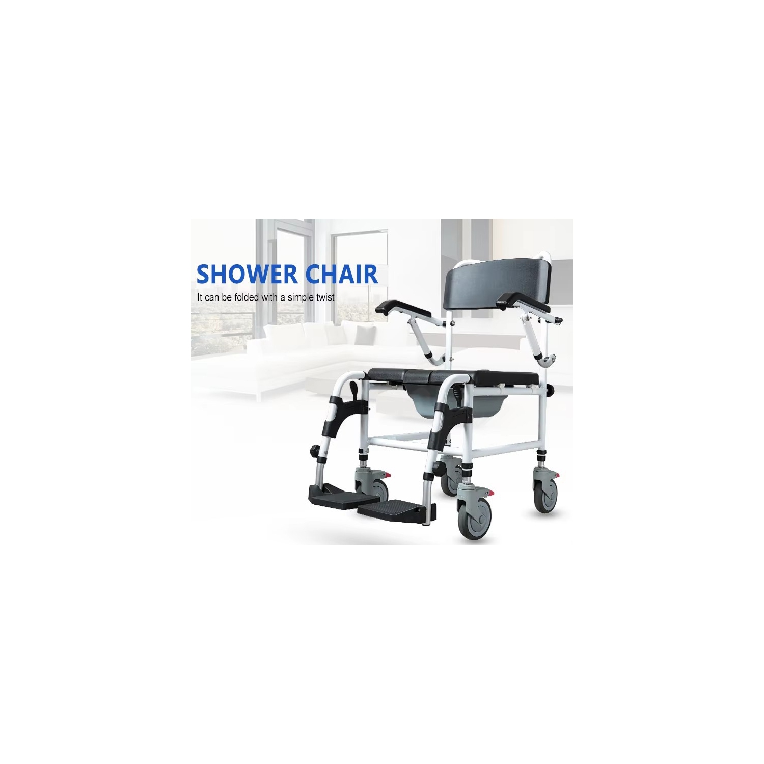 Commode Shower Wheelchair 3-Level Adjustable Height & Flip-up Footrest, Padded Seat, Backrest, Lift Arms, Mobile Toilet Chair, 4 Lockable Mute Wheels