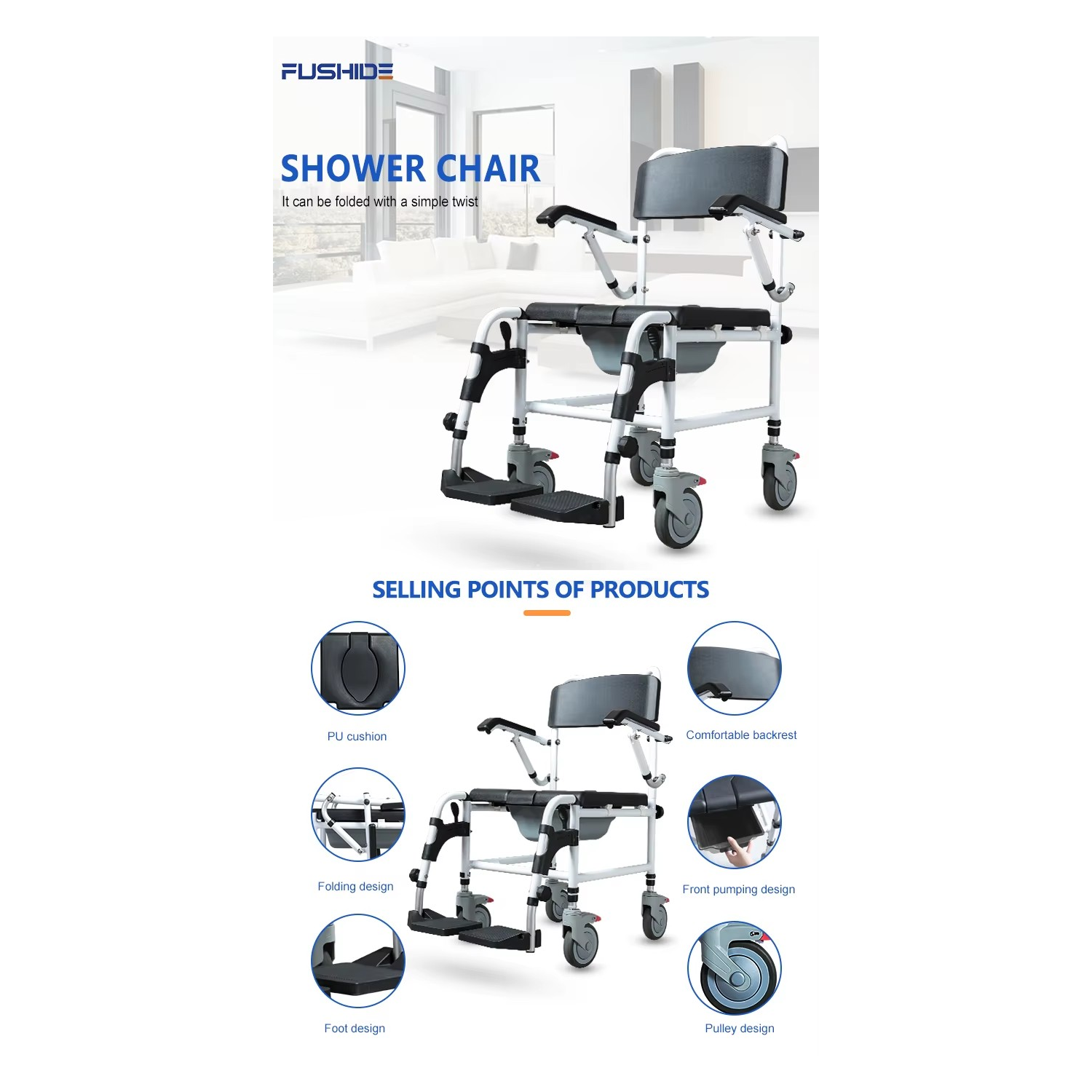 Commode Shower Wheelchair 3-Level Adjustable Height & Flip-up Footrest, Padded Seat, Backrest, Lift Arms, Mobile Toilet Chair, 4 Lockable Mute Wheels