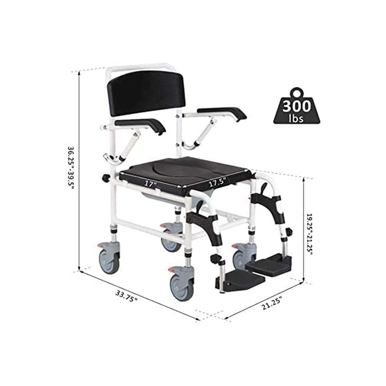 Commode Shower Wheelchair 3-Level Adjustable Height & Flip-up Footrest, Padded Seat, Backrest, Lift Arms, Mobile Toilet Chair, 4 Lockable Mute Wheels