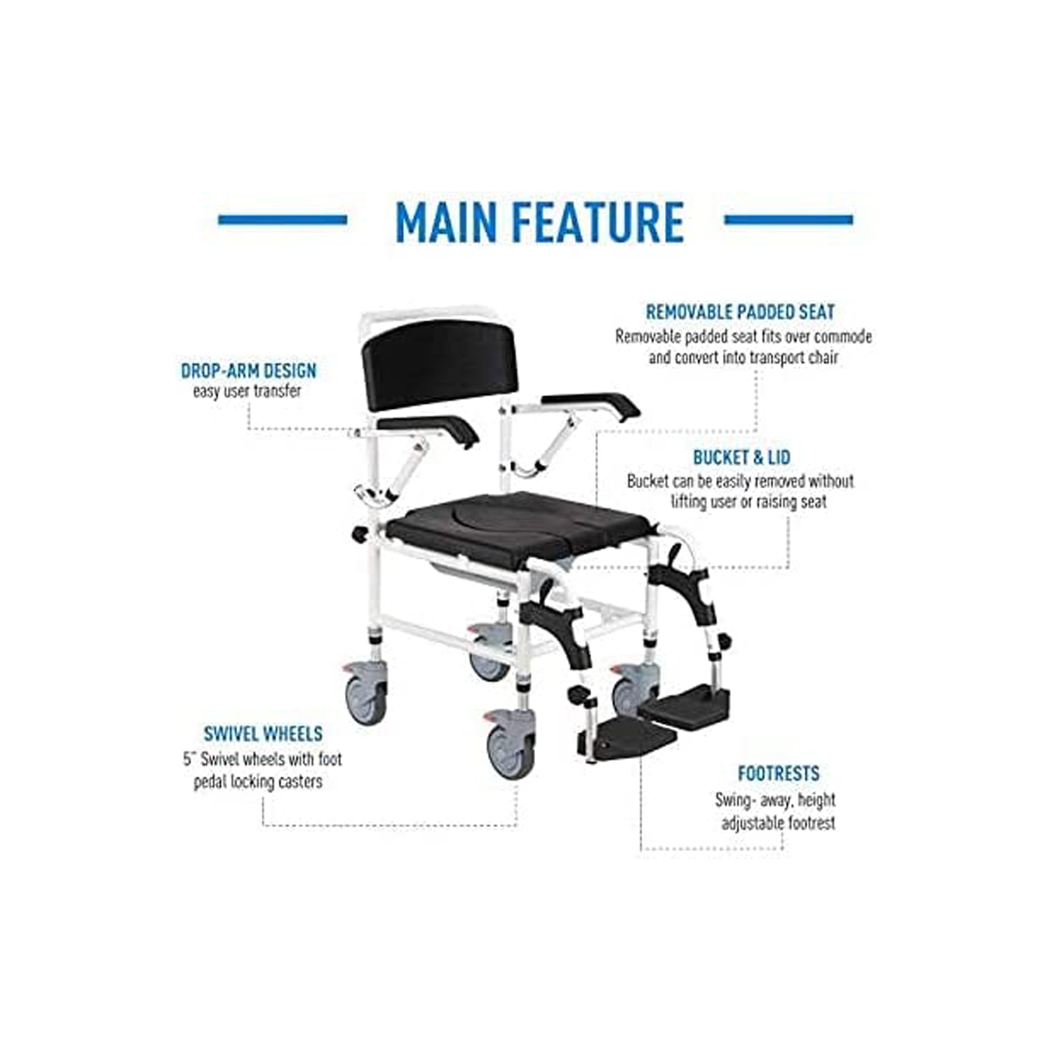 Commode Shower Wheelchair 3-Level Adjustable Height & Flip-up Footrest, Padded Seat, Backrest, Lift Arms, Mobile Toilet Chair, 4 Lockable Mute Wheels