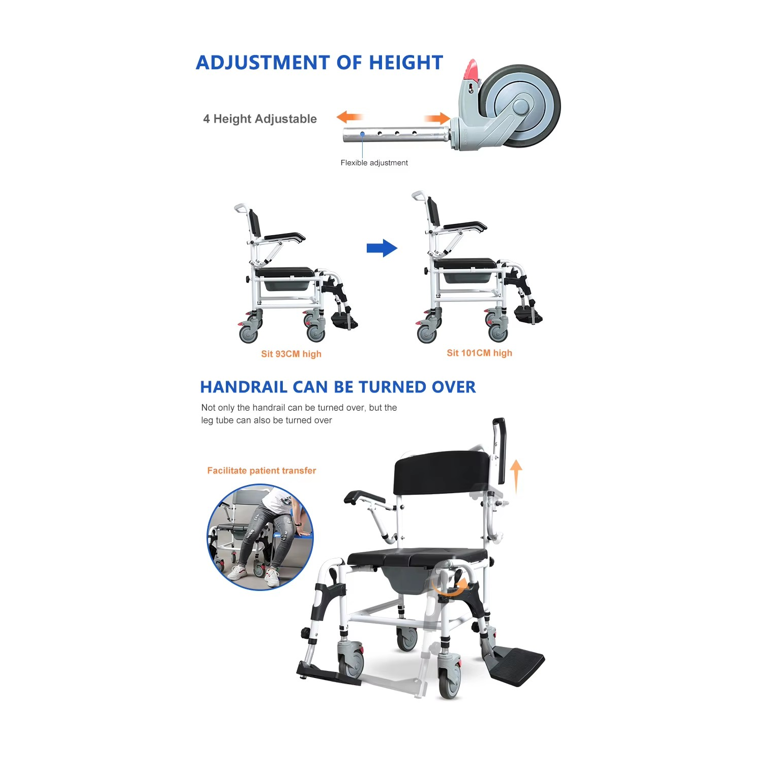 Commode Shower Wheelchair 3-Level Adjustable Height & Flip-up Footrest, Padded Seat, Backrest, Lift Arms, Mobile Toilet Chair, 4 Lockable Mute Wheels