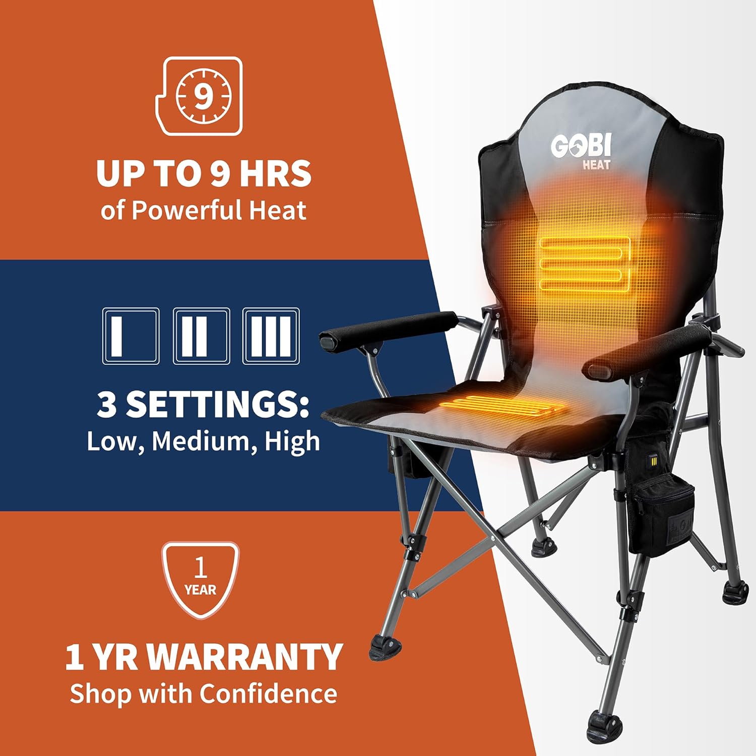 Chaise de camping chauffée Heat Terrain de GOBI – Chaise pliante d'extérieur portative avec batterie rechargeable