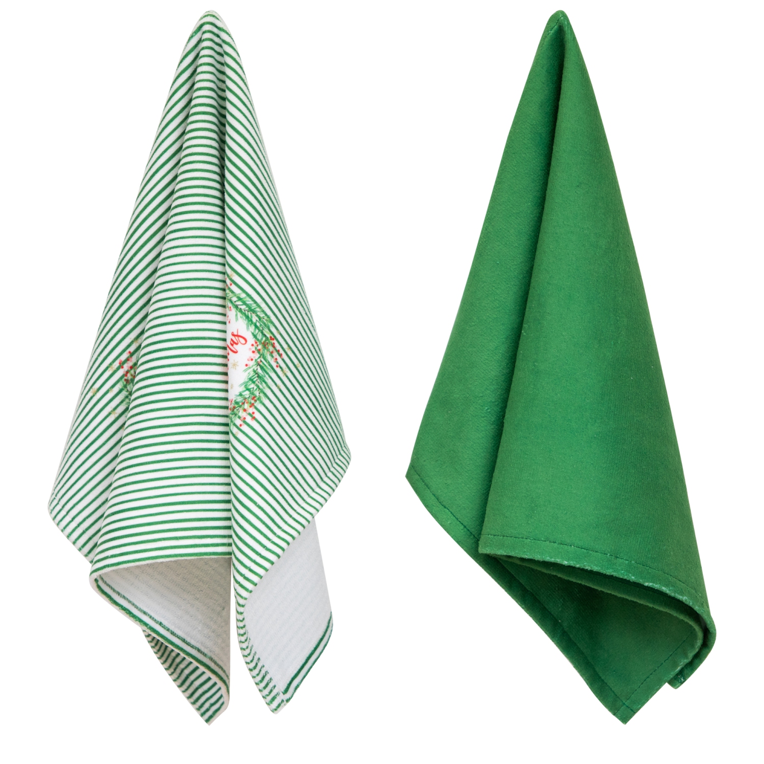 Ensemble de 2 serviettes de cuisine unies et rayées Merry Christmas - 26&nbsp;po