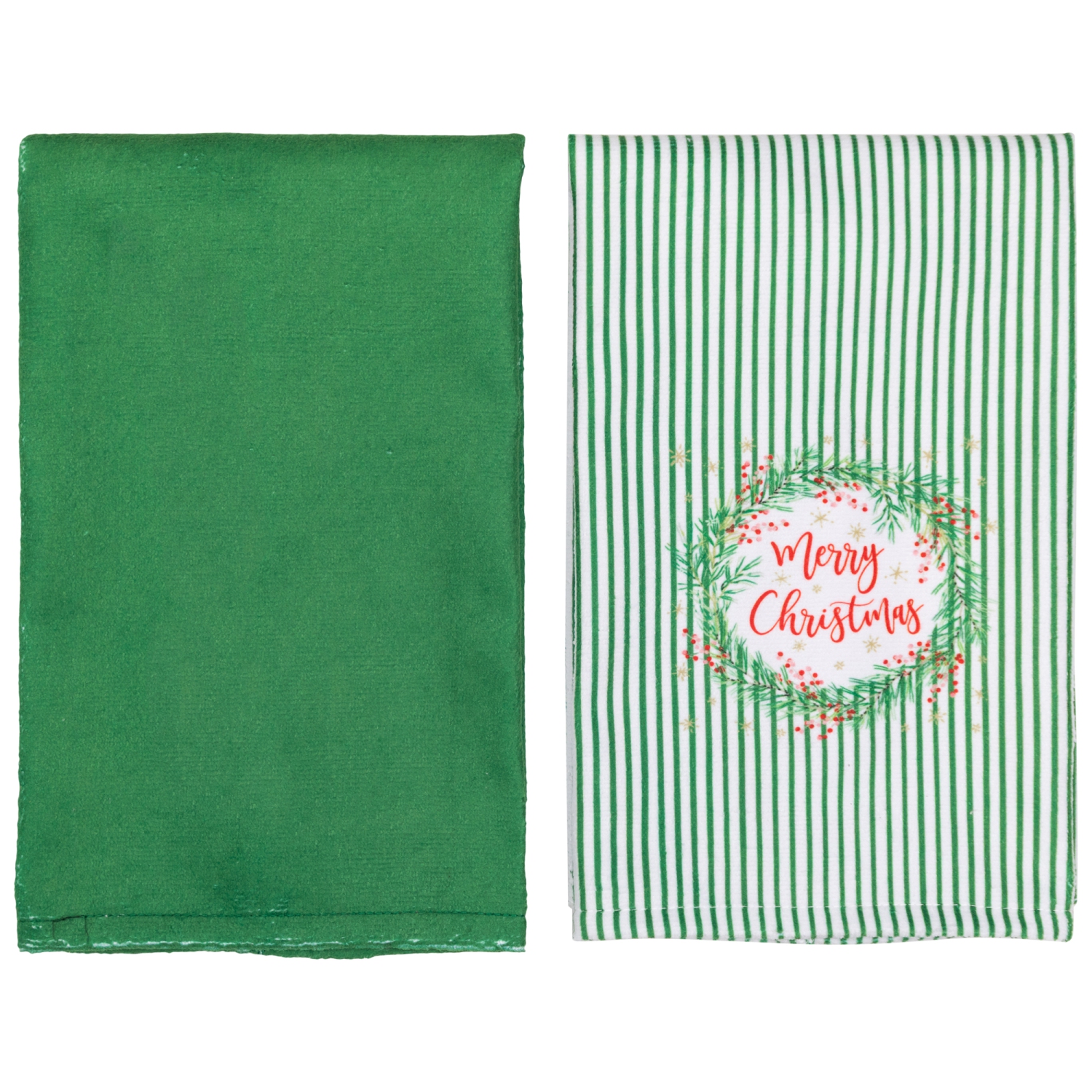 Ensemble de 2 serviettes de cuisine unies et rayées Merry Christmas - 26&nbsp;po