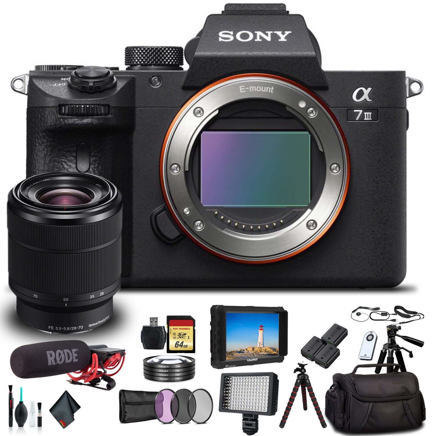 Open Box - Sony Alpha a7 III Mirrorless Camera with 28-70mm Lens with Soft Bag, 2X Extra Batteries, Rode Mic, LED Light, and More