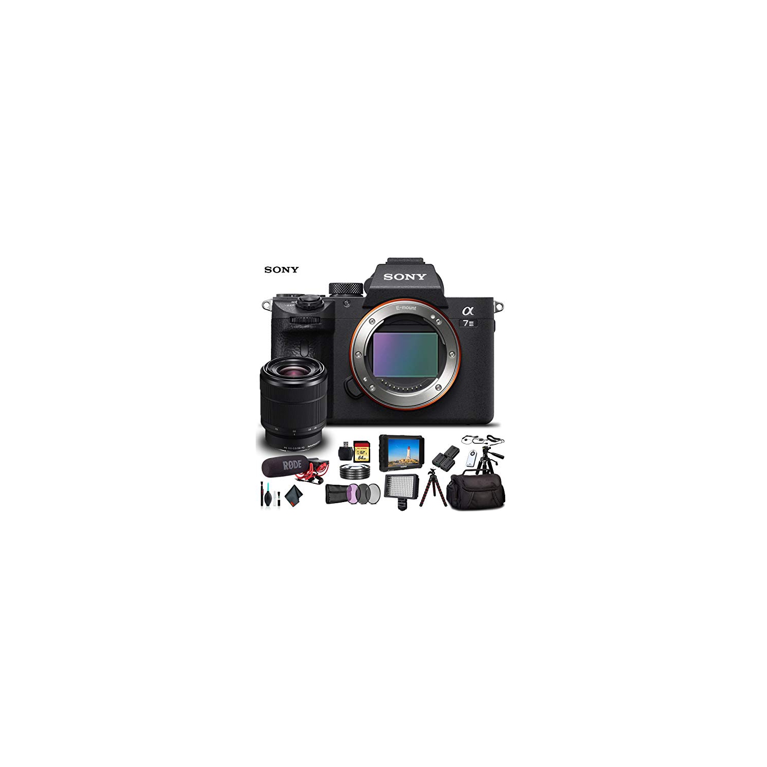 Open Box - Sony Alpha a7 III Mirrorless Camera with 28-70mm Lens with Soft Bag, 2X Extra Batteries, Rode Mic, LED Light, and More