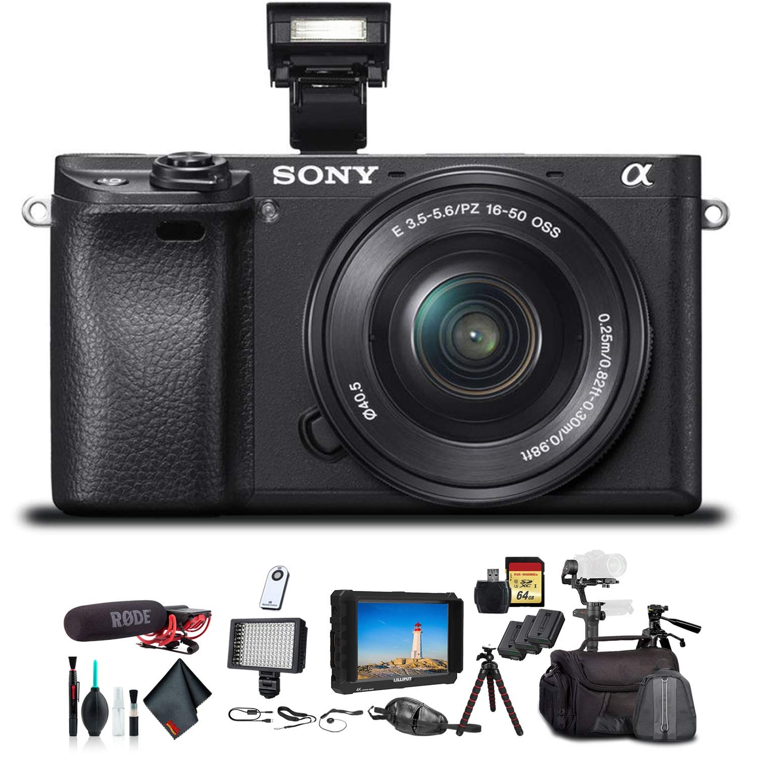 Open Box - Sony Alpha a6300 Mirrorless Camera W/ 16-50mm Lens Black ILCE6300L/B W/Soft Bag, Zhiyun-Tech WEEBILL Stabilizer, and More