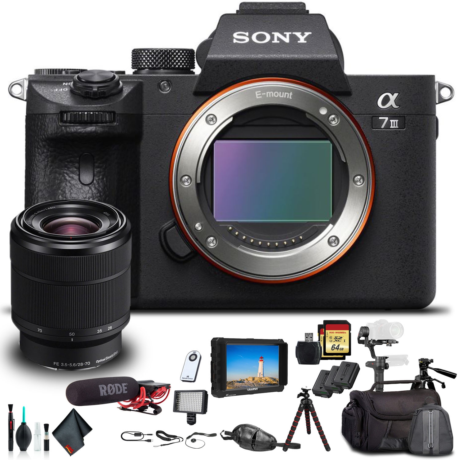 Open Box - Sony Alpha a7 III Mirrorless Camera W/ 28-70mm Lens ILCE7M3K/B W/Soft Bag, Zhiyun-Tech WEEBILL Stabilizer, Tripod, and More