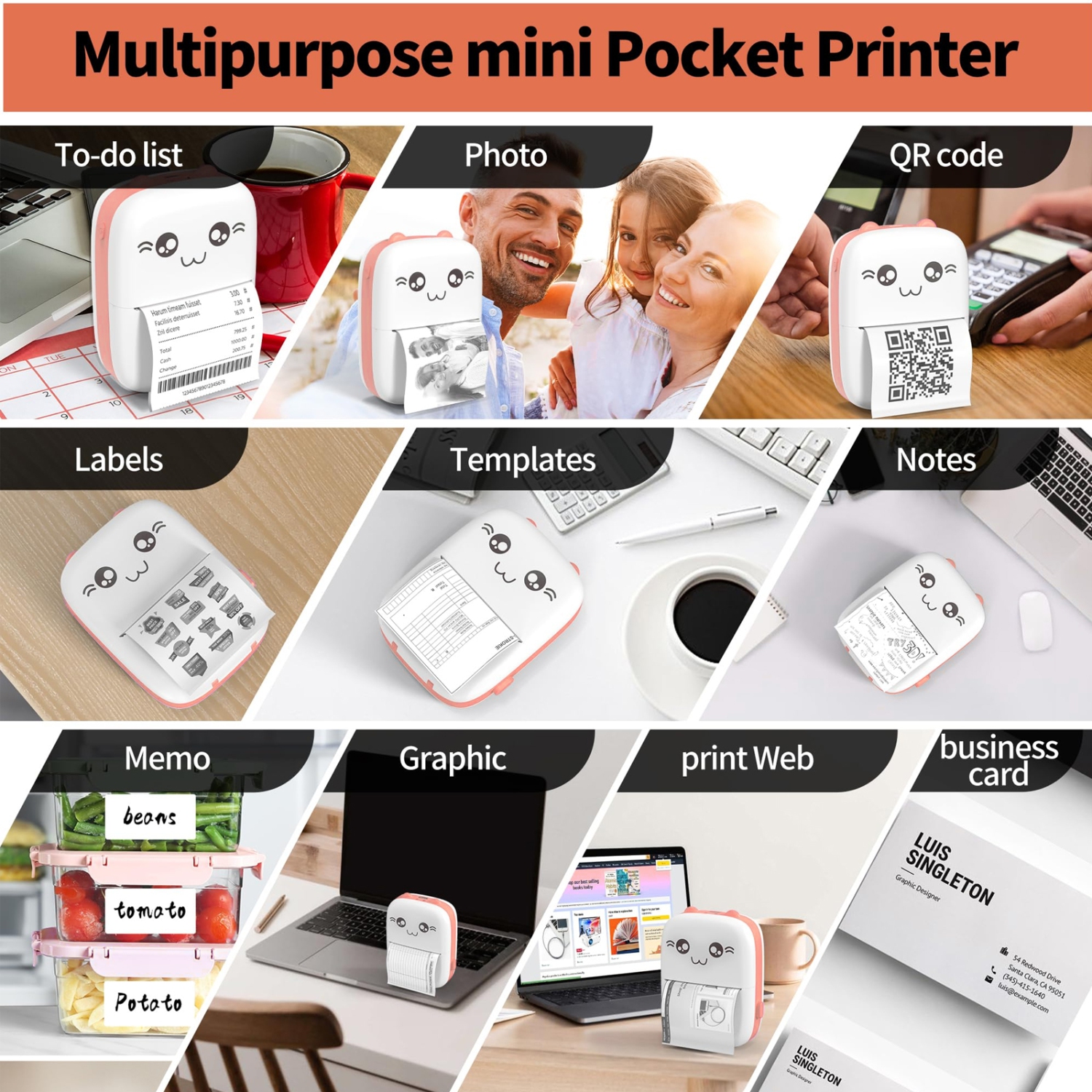 Inkless Sticker Mini Pocket Thermal Printer 13 Rolls Thermal Paper,Suit for iOS Android APP