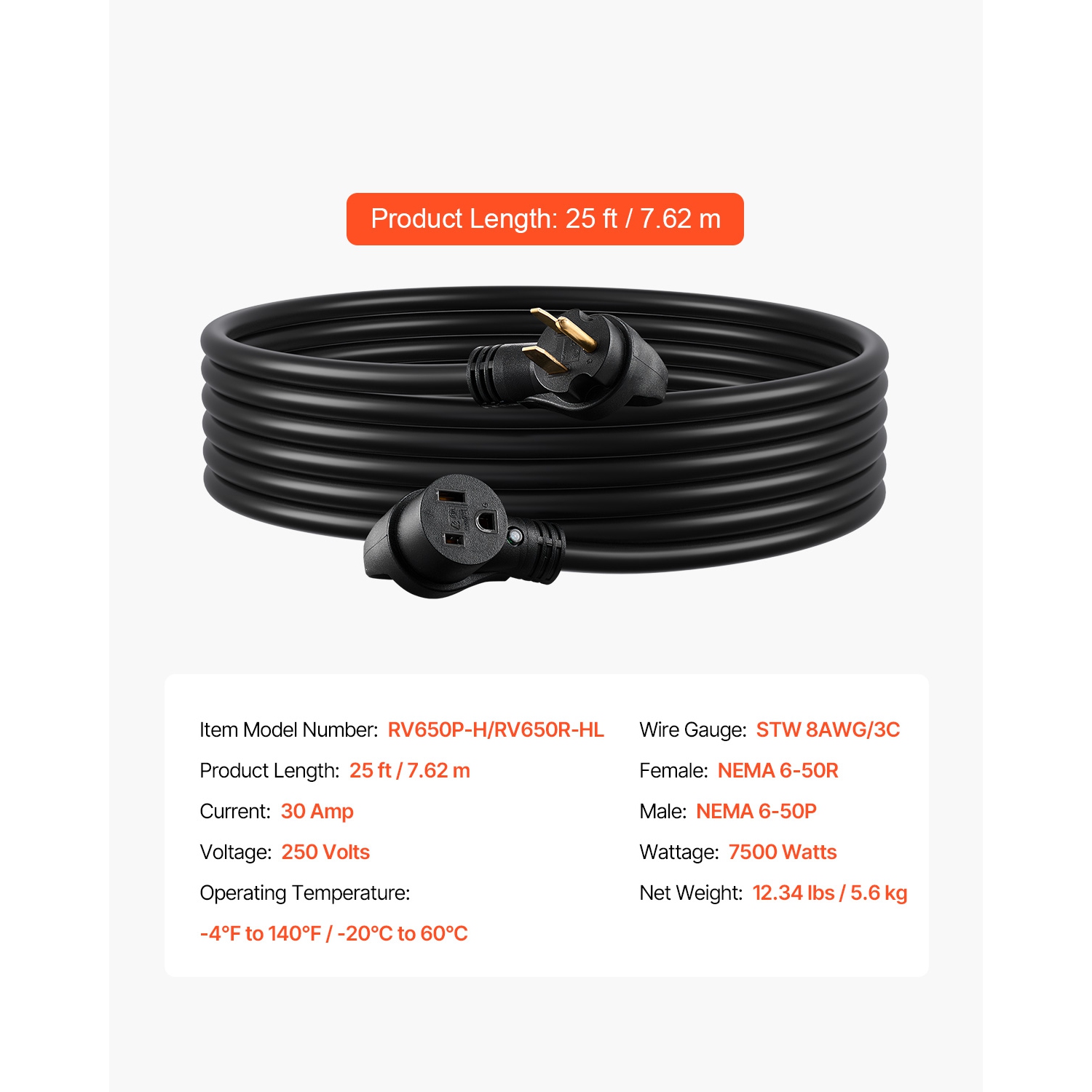 Rallonge de génératrice 30&nbsp;A de VEVOR 25&nbsp;pi, câble d'alimentation robuste 7500&nbsp;W de 250&nbsp;V,&nbsp;rallonge de soudeur NEMA 6-50R