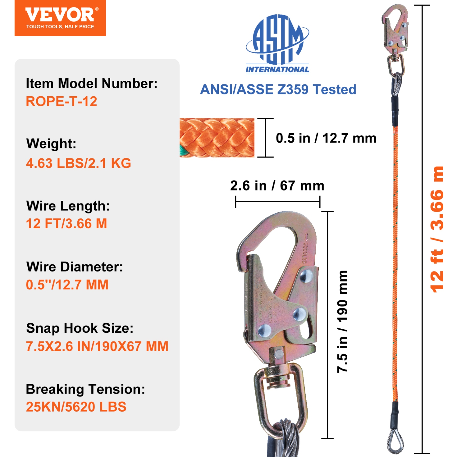 VEVOR 1/2" x 12' Steel Core flipline, Arborist Flipline, for Tree Climbing with Alloy Steel Snap Hook, Aluminum Alloy Carabiner and Extra Tool
