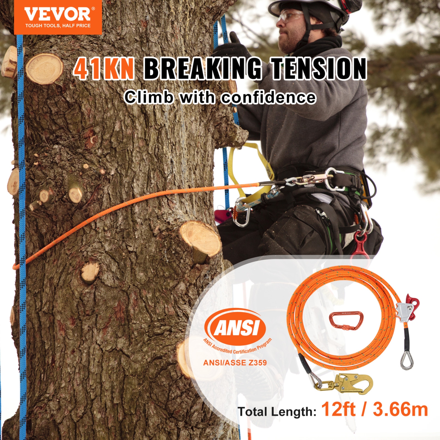 VEVOR 16mm Steel Core Flipline, 12ft(3.6m) Arborist Flipline, for Tree Climbing with Alloy Steel Snap Hook & Aluminum Alloy Carabiner, 30KN Breaking