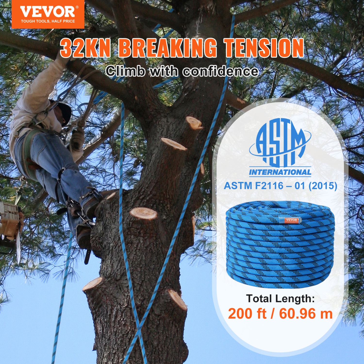 VEVOR 12.7mm Static Climbing Rope, 60.9M(200ft) Outdoor Rock Climbing Rope 30KN Breaking Tension, Fiber Rope with Steel Snap Hooks for Escape,