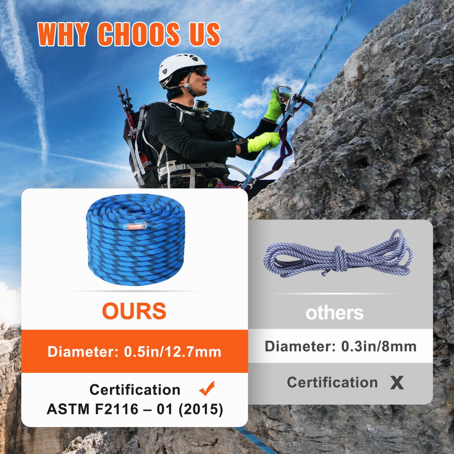 VEVOR 12.7mm Static Climbing Rope, 60.9M(200ft) Outdoor Rock Climbing Rope 30KN Breaking Tension, Fiber Rope with Steel Snap Hooks for Escape,