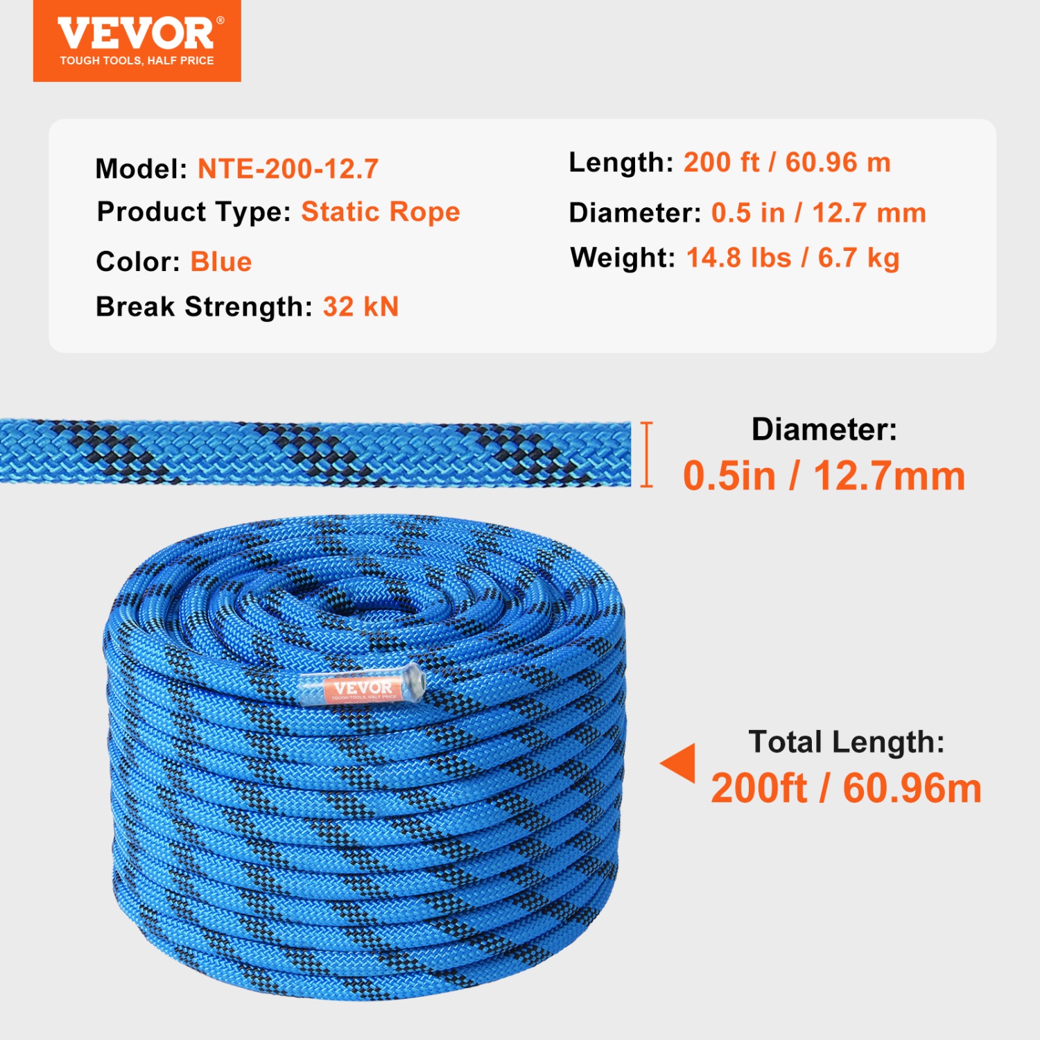 VEVOR 12.7mm Static Climbing Rope, 60.9M(200ft) Outdoor Rock Climbing Rope 30KN Breaking Tension, Fiber Rope with Steel Snap Hooks for Escape,
