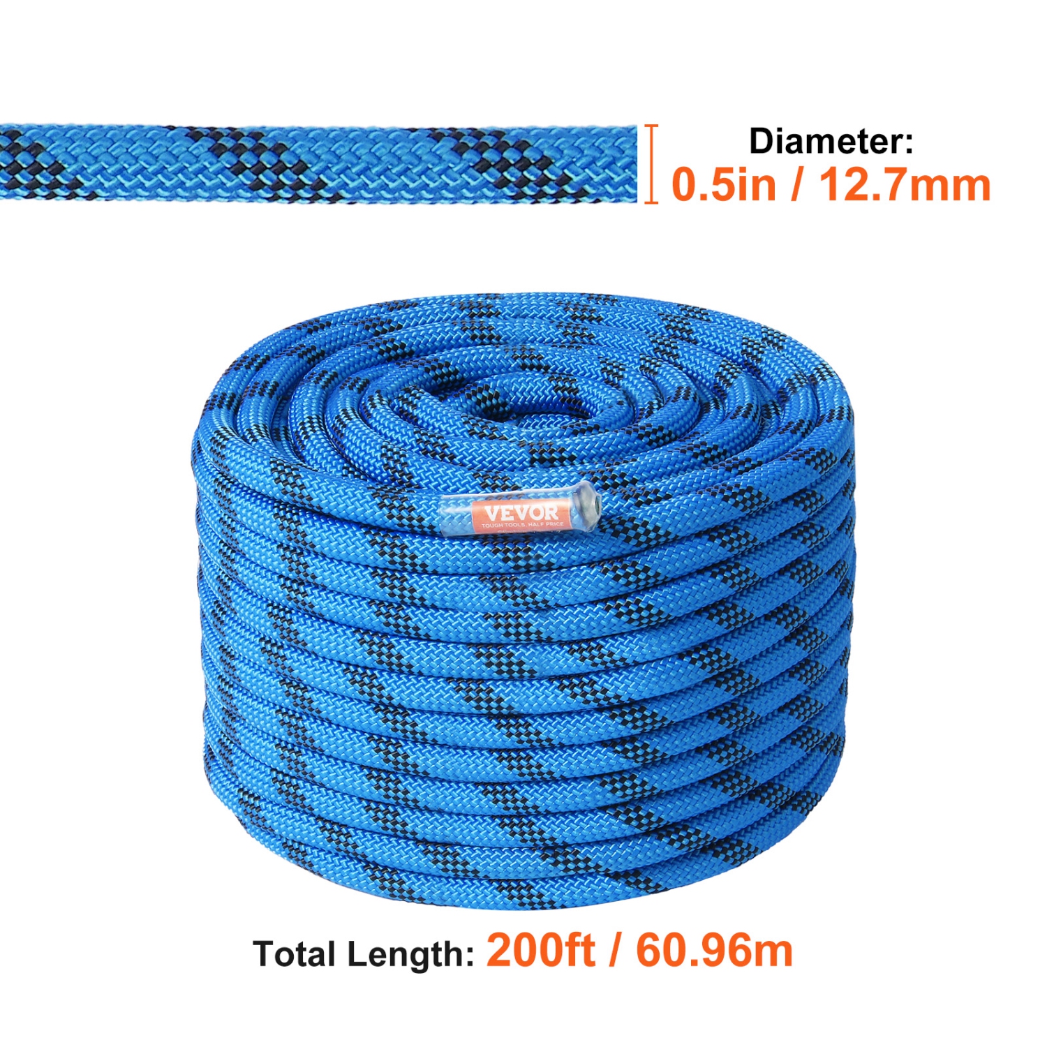VEVOR 12.7mm Static Climbing Rope, 60.9M(200ft) Outdoor Rock Climbing Rope 30KN Breaking Tension, Fiber Rope with Steel Snap Hooks for Escape,