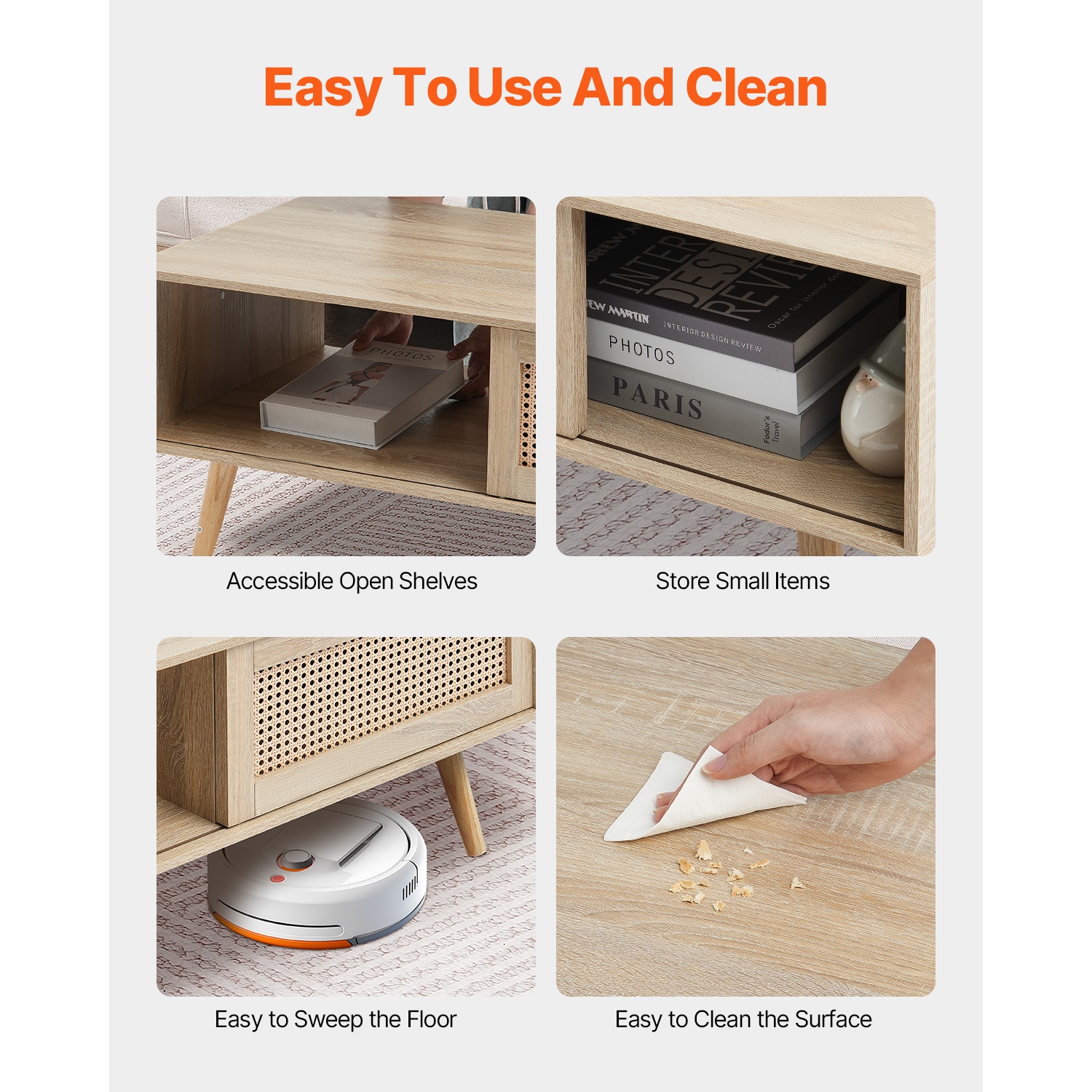 VEVOR 42 Inch Rattan Coffee Table, Mid Century Modern Coffee Table, Rectangle Wood Table, Modern Boho Style 2 Layers Storage Coffee Table, for Living