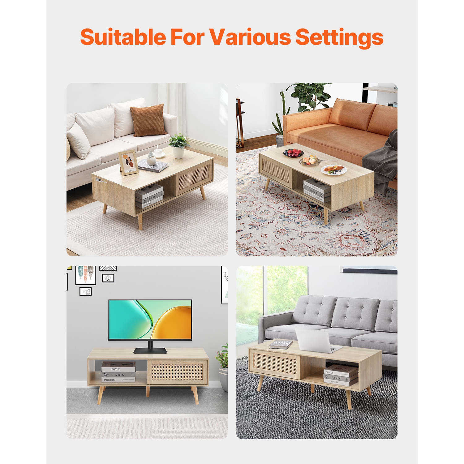 VEVOR 42 Inch Rattan Coffee Table, Mid Century Modern Coffee Table, Rectangle Wood Table, Modern Boho Style 2 Layers Storage Coffee Table, for Living