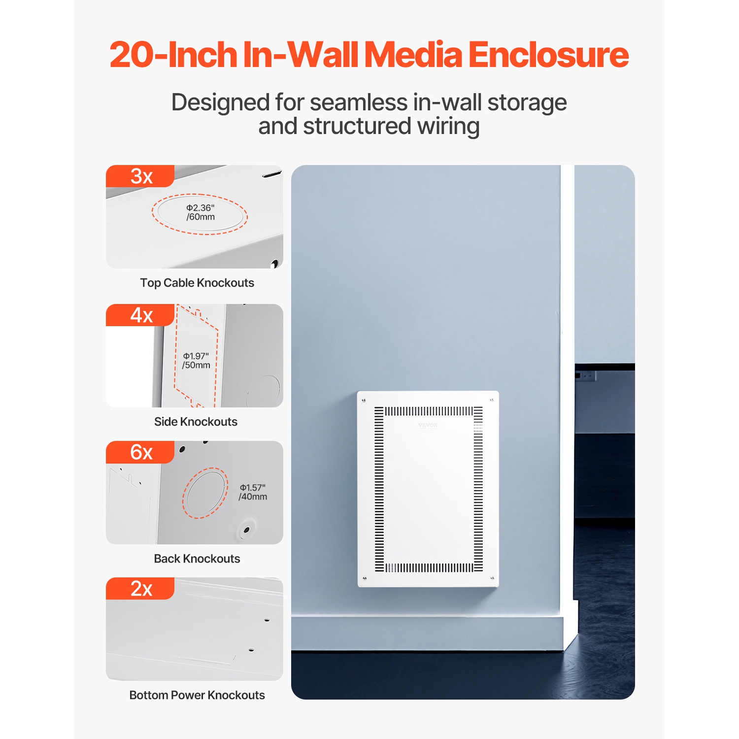 Boîtier multimédia structuré VEVOR de 20&nbsp;po, boîtier multimédia encastré avec couvercle, trousse de gestion de câbles mural, armoire multimédia,
